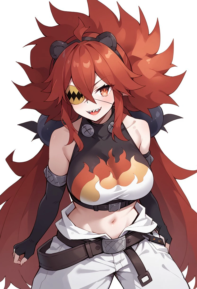 score_9, score_8_up, score_7_up, source_cartoon, 1girl, koleda belobog, large breasts, (long hair, red hair, hair between eyes:1.2), (flame sports bra, navel, belt, white jumpsuit tied at the waist, black fingerless arm sleeves, boots, eye patch, sharp teeth, evil smile, (portrait view, close view)