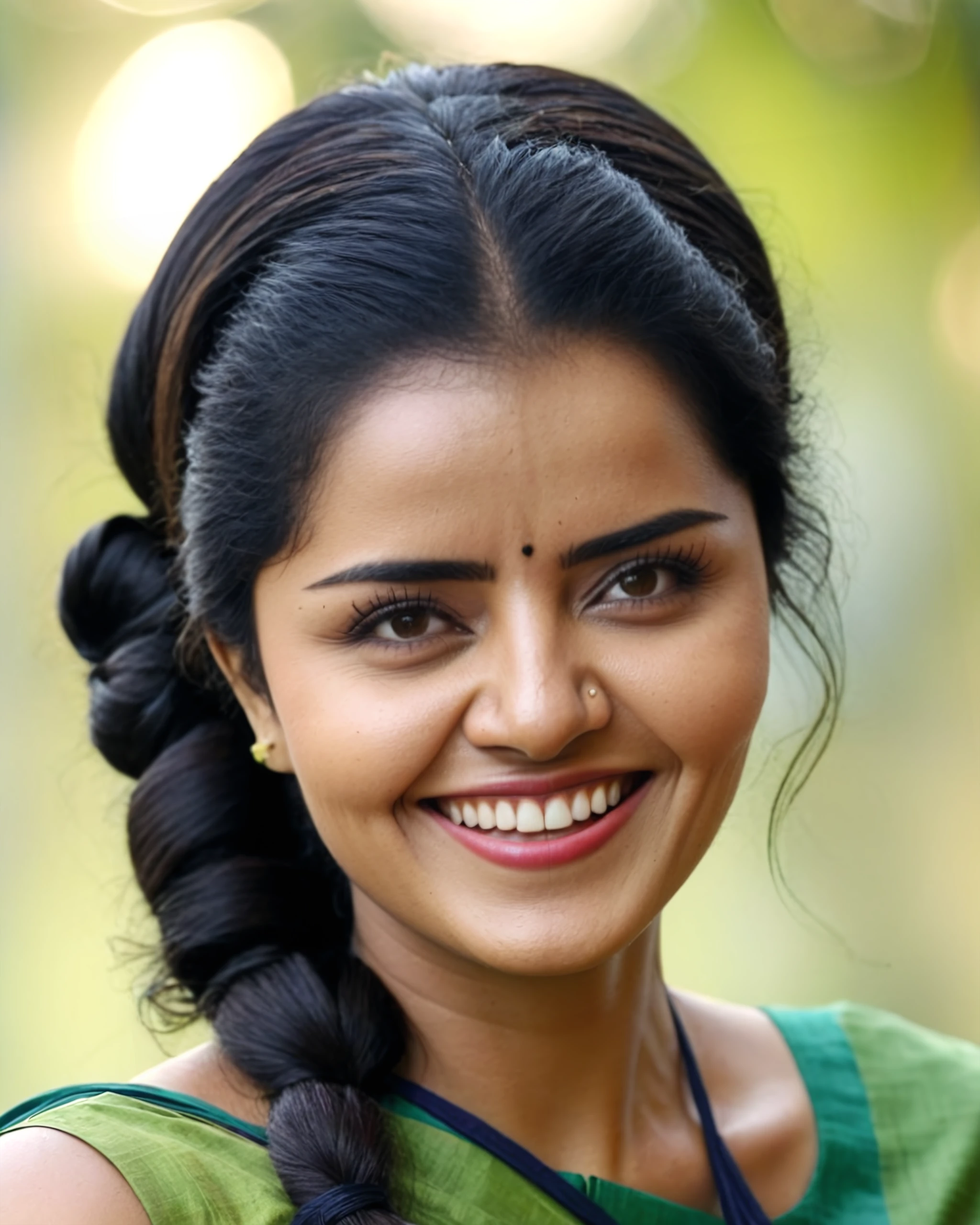 upper body photo of Anu Param woman, solo, tightly tied hair hair cut, laughing, looking at the camera, ethnic Lime , , contrasting background bokeh,  skindentation,  <lora:Anu_Param_SDXL_LoRA_prodigy_local_xformers_HNE:1>