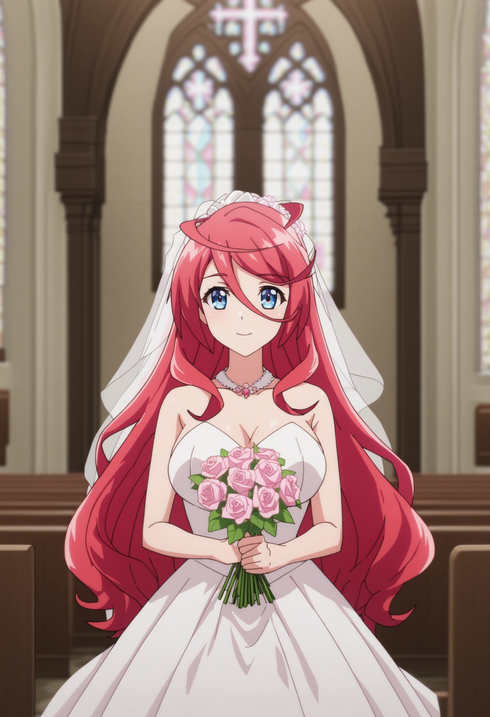 sysdeep_saria, 1girl, solo, long_hair, breasts, blue_eyes, large_breasts, hair_between_eyes, pink_hair, red_hair, indoors, church, wedding, wedding_dress, holding_flowers, happy, <lora:Saria - [The Fruit of Evolution] - SDXL Version 1:1>