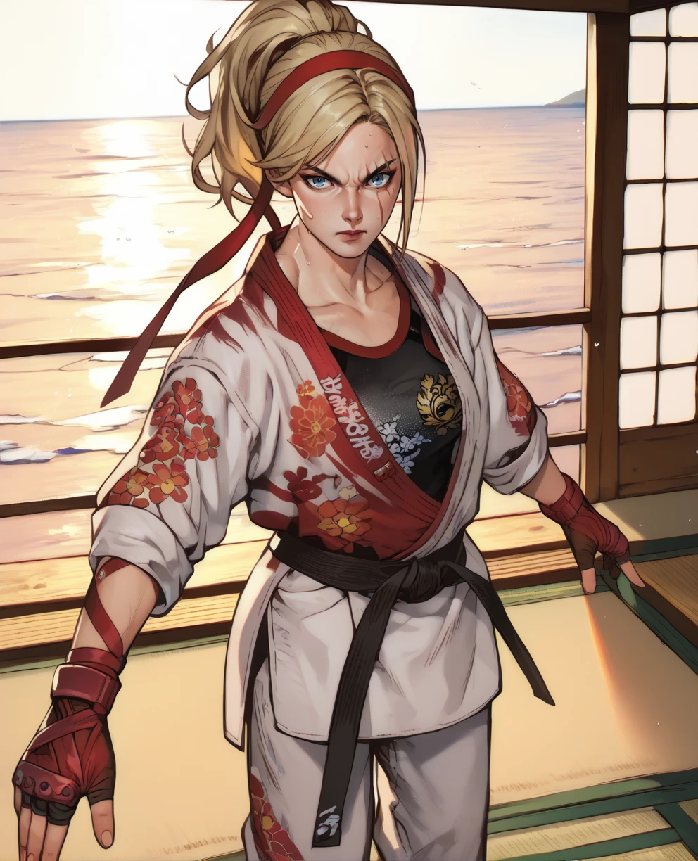 score_9,score_8_up,score_7_up,score_6_up,lidiasxl,blue eyes,ponytail,blonde hair,red hairband,white floral print karate gi,black undershirt,
standing,red gloves,fighting stance,
dojo,sea,
<lora:LidiaXL2>,looking at viewer,