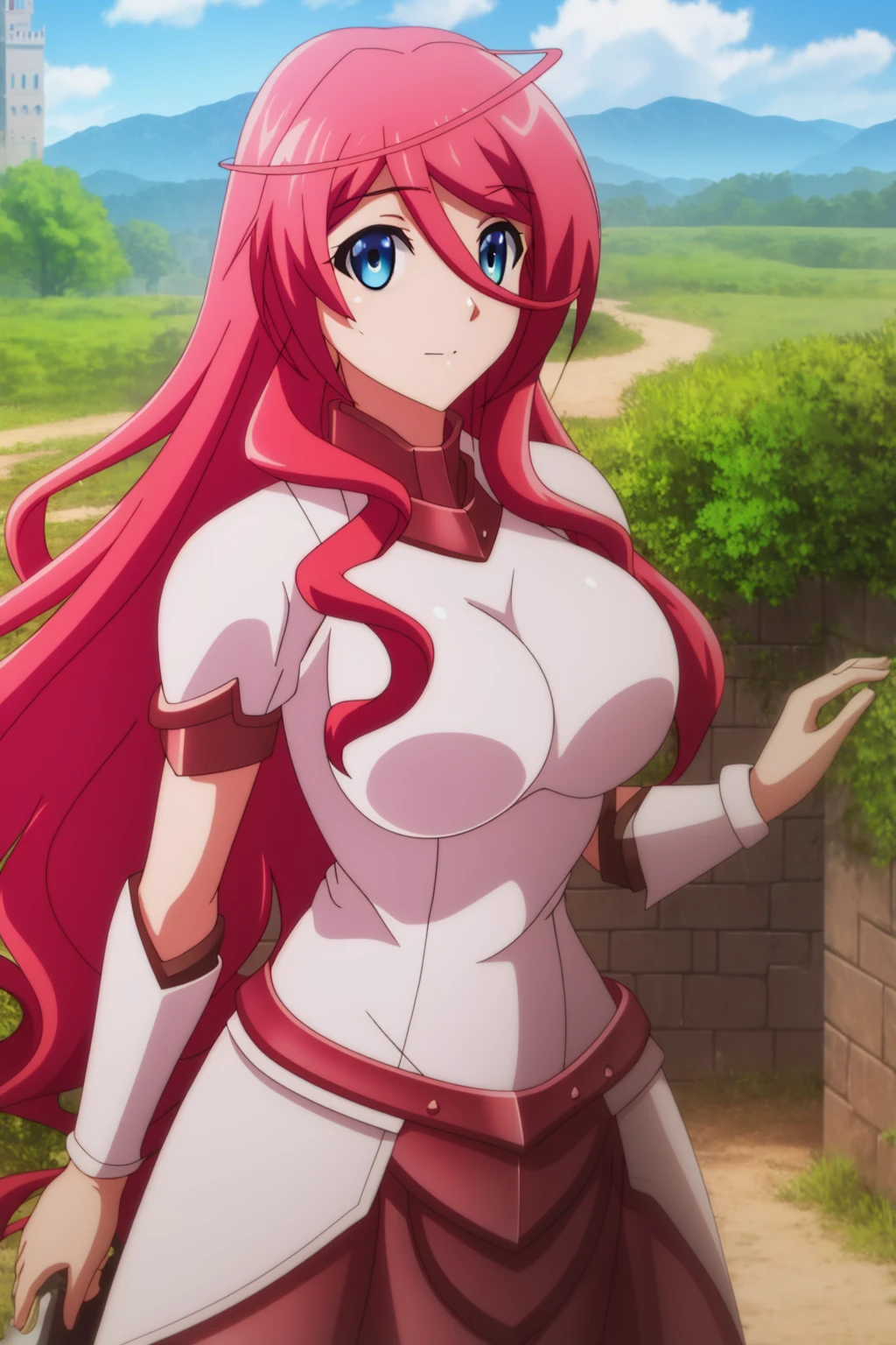 sysdeep_saria, 1girl, solo, long_hair, breasts, looking_at_viewer, blue_eyes, large_breasts, hair_between_eyes, pink_hair, red_hair, armor, metal_armor, breast_plate, knight, hill, outdoors, castle, scenery