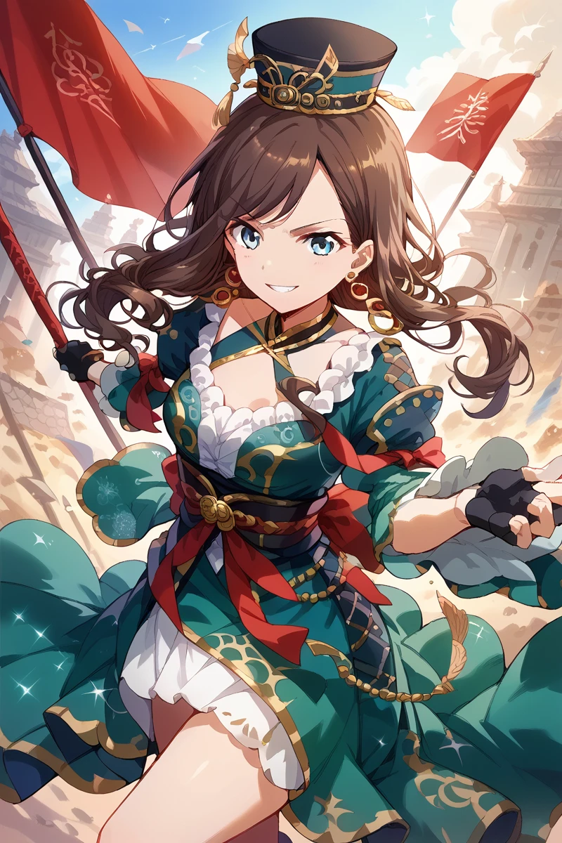 score_9, score_8_up, score_7_up, score_6_up, 1girl,
 <lora:Koharu_Yanagi:0.9> koharu, blue eyes, hat, gloves, jewelry, earrings, brown hair, fingerless gloves, flag, green dress, long hair, black gloves, weapon, solo, smile, bei