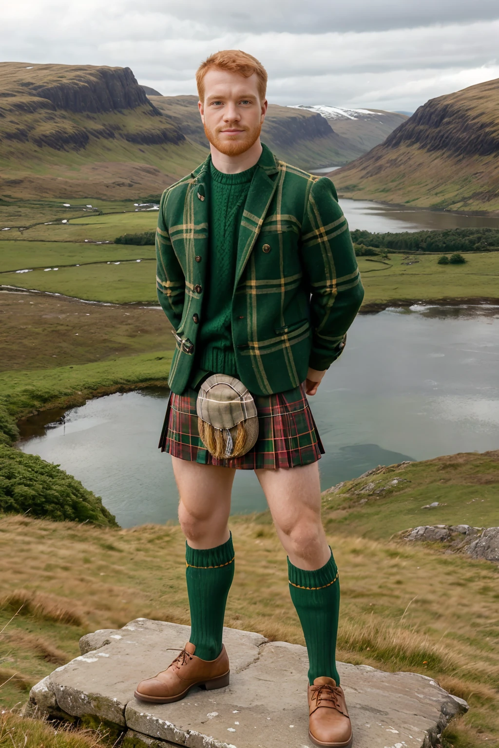 standing on a hill in the Scottish Highlands, a valley with a loch below in the background, ginger hair, DacotahRed is dressed in a green plaid kilt, kilt shirt, sporran, long highland socks, plaid socks, Ghillie shoes, masterpiece, (((full body portrait))) , wide angle  <lora:DacotahRed:0.8>