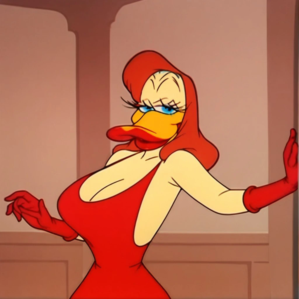 score_9, score_8_up, score_7_up, BREAK, looking at the viewer, 1 Girl, Focus, Hairy Woman, Red Hair, Parody, Red Gloves, Cleavage, Colored Skin, Duck, Red Dress, Makeup, Female Duck, Sexy pose, luxury room, Victorian vibe, big breasts, using lipstick, lipstick.