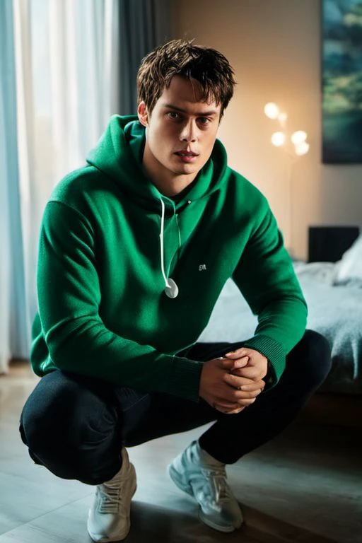 breathtaking cinematic photo masterpiece,highest quality,perfect quality, Nicholas Galitzine a man <lora:Nicholas-Galitzine:1>,wearing a green hoddie,squatting on ground,(wearing a wireless white headphones:1.5),holding gampad,in the bedroom,looking at the camera,cozy scene,35mm photograph,film,bokeh,professional,4k,highly detailed . award-winning,professional,highly detailed,. 35mm photograph,film,bokeh,professional,4k,highly detailed . award-winning,professional,highly detailed,