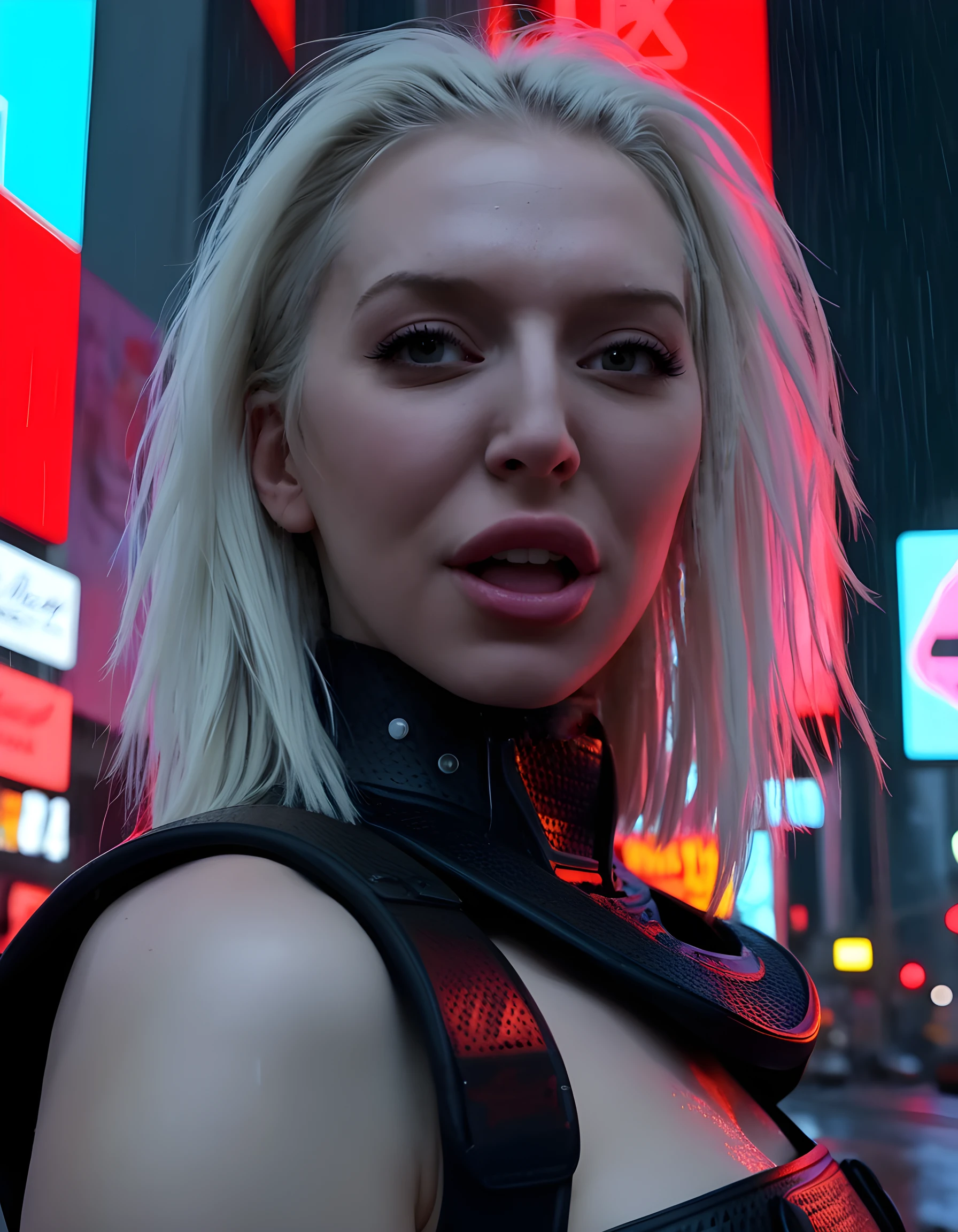 In a gritty, neon-lit cyberpunk cityscape, a captivating woman named AL3X4NDR4C is captured in a mesmerizing close-up portrait. Her platinum blonde hair cascades down her shoulders, framing an open-mouthed expression that exudes raw emotion and intrigue. With lips painted a bold red, she dons an avant-garde outfit reminiscent of a futuristic samurai, complete with body armor and a sword hanging at her side. The image is shot from a low angle, emphasizing the power and intensity in her gaze as she stares directly into the lens, challenging the viewer to join her in this digital realm. The background is a chaotic blend of towering holographic billboards, neon lights flickering, and rain-soaked streets, further enhancing the surreal and immersive atmosphere.