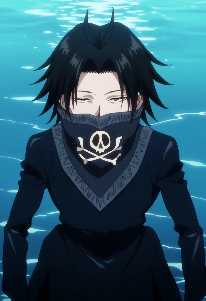 score_9, score_8_up, score_7_up, source_anime, rating_safe, water, 1boy, male focus, anime screencap, black bandana mask, black long-sleeve dress