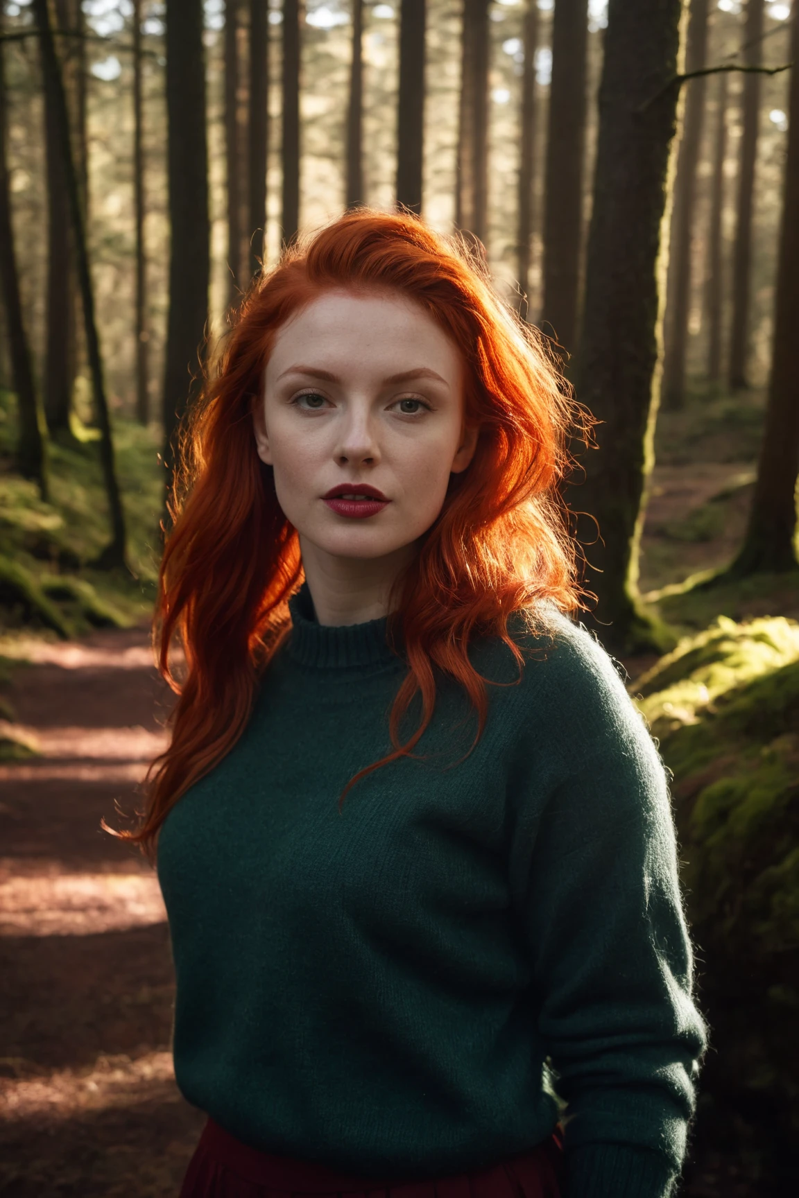 RAW photo of Neassa Móirín with sweater, (red hair:0.8), forest, Photorealistic, dramatic lighting