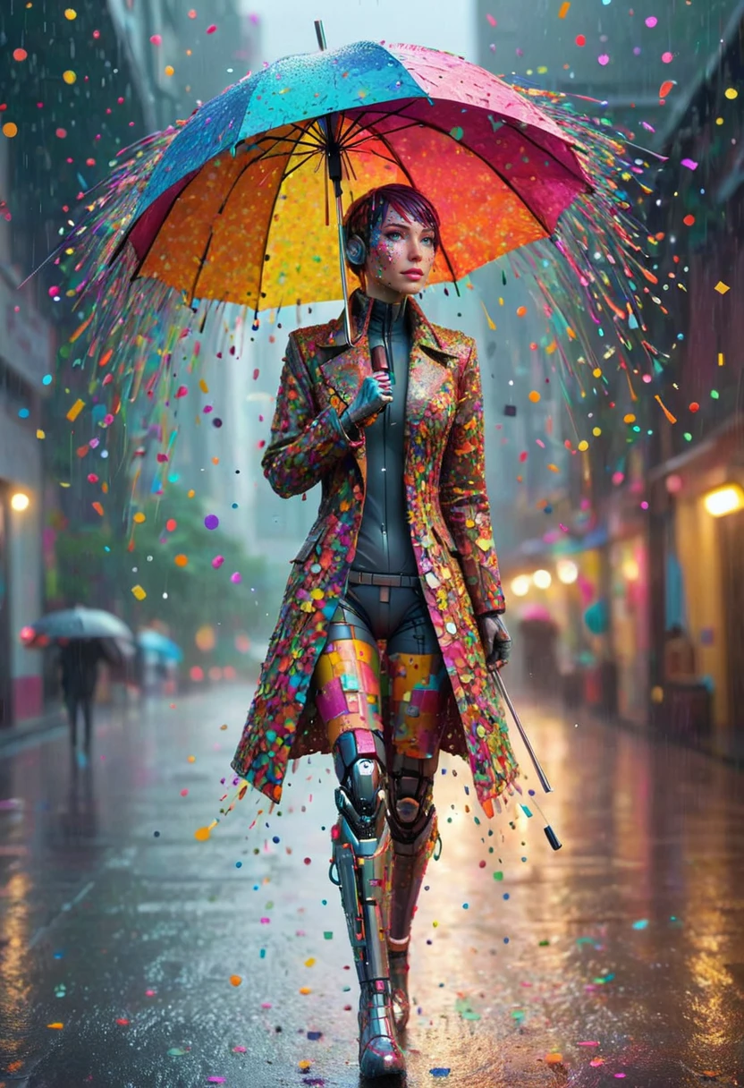 conf3tti, made of confetti, female cyborg holding an umbrella in the rain, vibrant colors, whimsical, playful <lora:Confetti_World_Morph:0.7>