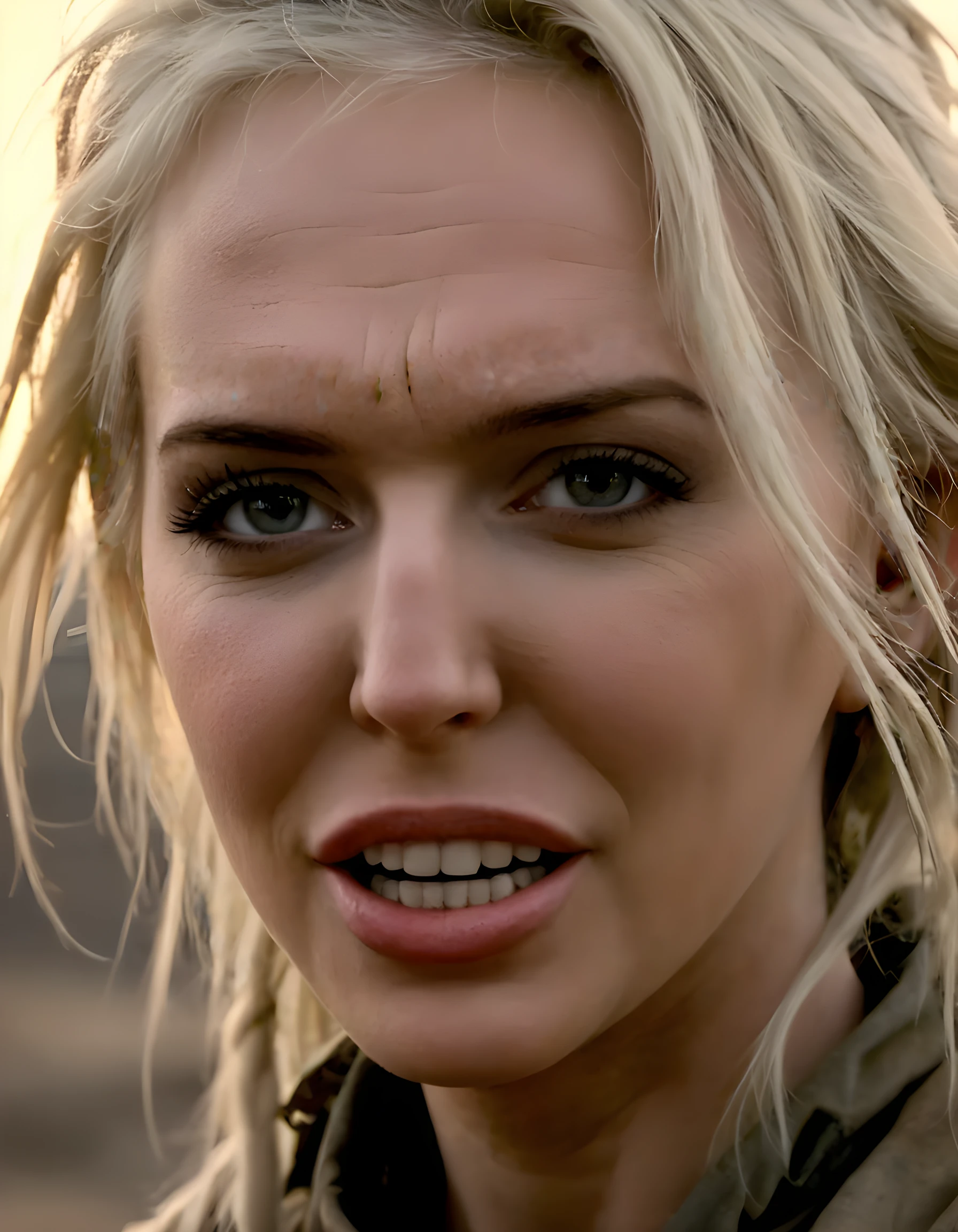 In a gritty, post-apocalyptic landscape bathed in the harsh, orange glow of setting sun, the captivating AL3X4NDR4C stands alone, her platinum blonde hair cascading down to her waist like molten gold against the barren earth. Her long, striking teeth are bared in a wild, open-mouthed grin that exudes both ferocity and defiance. A single strand of hair falls across one eye as she closes the other, lost in an intense, internal moment. Dressed in a unique outfit reminiscent of a futuristic warrior, her body language and piercing gaze convey a sense of resilience and unwavering strength, set against a desolate backdrop that seems to be on the brink of collapse. The image is captured in a dramatic close-up, highlighting the intricate details of her weathered face, with shadows playing upon her high cheekbones and the fierce lines etched around her mouth and eyes. The emotional tone is one of determination, hope, and an undying spirit that refuses to be broken, even amidst the chaos and devastation that surrounds her.