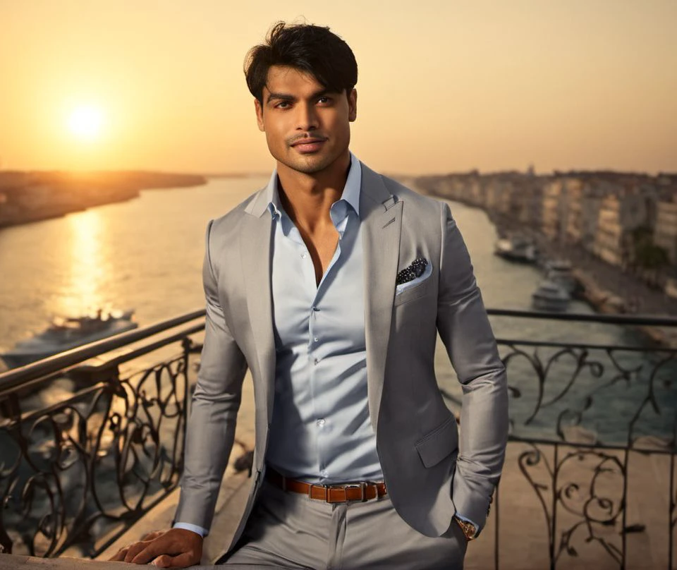 Nautical-themed (Photo:1.3) of (Ultrarealistic:1.3) <lora:Man_Men_FFashion:1> Neeraj Chopra a man <lora:Neeraj-Chopra:1> in a grey suit standing on a balcony, handsome man, attractive man, handsome male, sun behind him, inspired by Pablo Munoz Gomez, shot at golden hour, editorial photograph, midshot of a hunky, by Roman Bezpalkiv, by Artur Tarnowski, maxim sukharev, by Gabor Szikszai,Highly Detailed,(Mono Color:1.3) . Sea, ocean, ships, maritime, beach, marine life, highly detailed