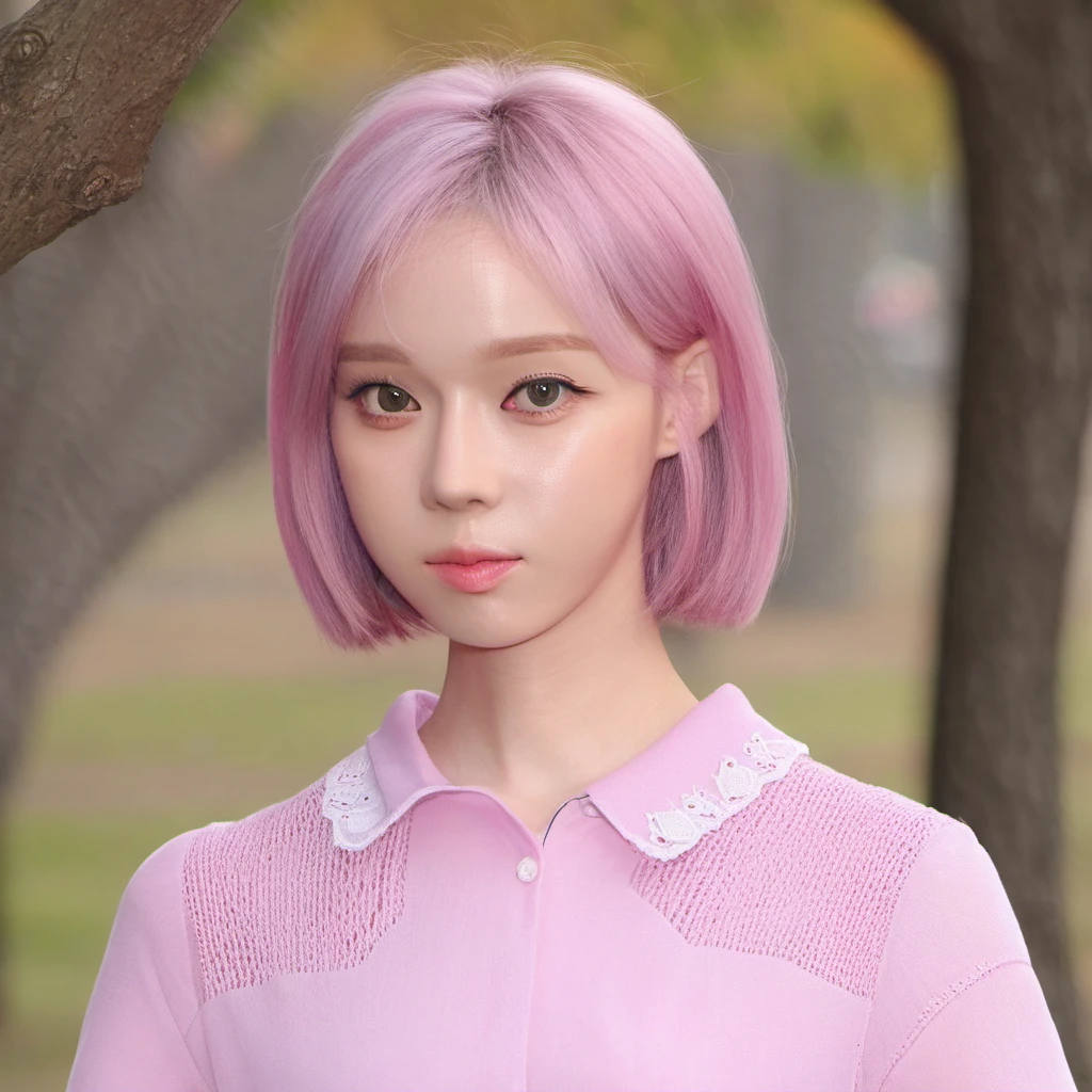 winter, (best quality, masterpiece:1.3), realistic, 1girl, solo, cute, beautiful, looking at viewer, beautiful expression, (upper body:1.2), portrait, (straight on), outdoors, in the park, (closed mouth:1.2), pink shirt, short hair, medium breast, detailed face, detailed eyes, detailed iris, lips, highres