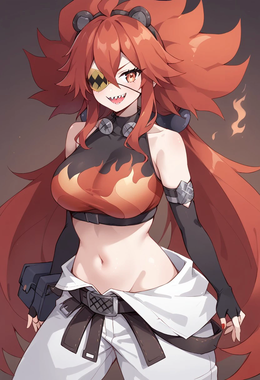 score_9, score_8_up, score_7_up, source_cartoon, 1girl, koleda belobog, large breasts, (long hair, red hair, hair between eyes:1.2), (flame sports bra, navel, belt, jumpsuit tied at the waist, black fingerless arm sleeves, boots, eye patch, sharp teeth, evil smile