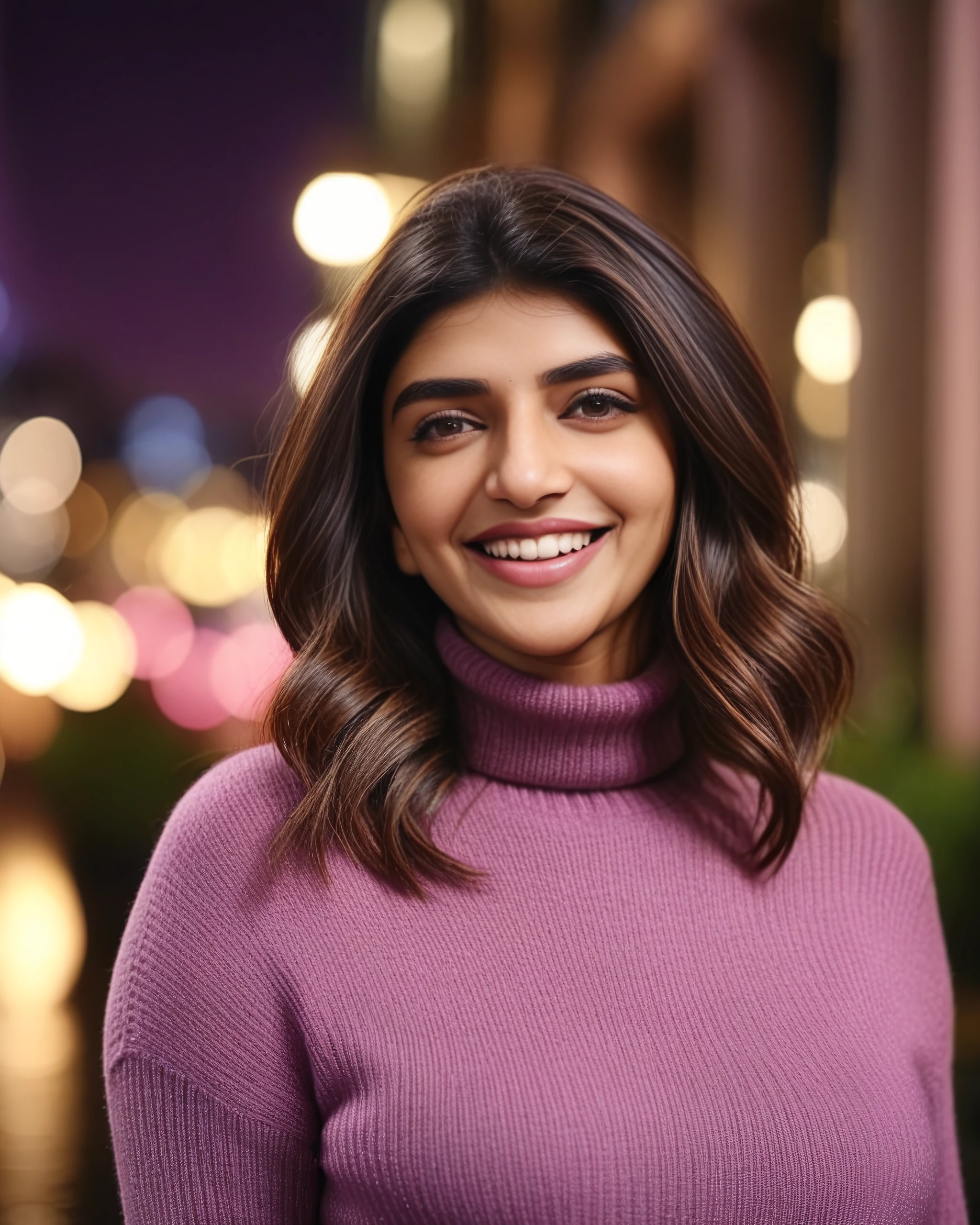 portrait photo of Sreeleela woman, solo,  hair cut, laughing, looking at the camera,  Mauve turtleneck sweater, night time, contrasting background bokeh,  skindentation,  <lora:Sreeleela_SDXL_LoRA_prodigy_local_xformers_HNE:1>