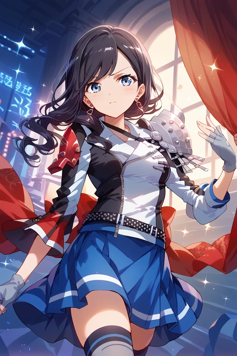 score_9, score_8_up, score_7_up, score_6_up, 1girl,
 <lora:Koharu_Yanagi:0.9> koharu, blue eyes, gloves, solo, fingerless gloves, skirt, blue skirt, grey gloves, thighhighs, earrings, black hair, long hair, jewelry, stage outfit, color lights, red curtain,