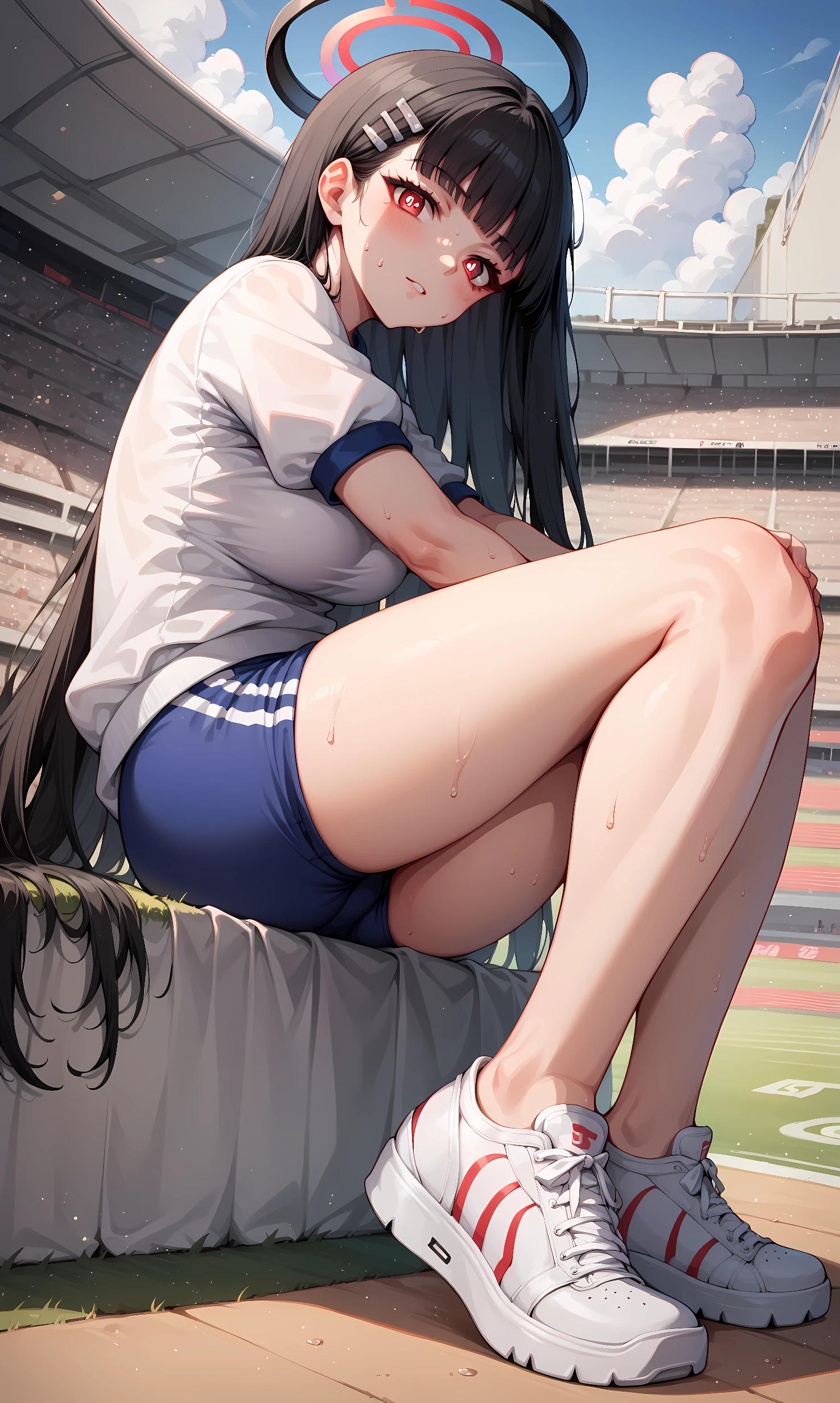 score_9, score_8_up, score_7_up, score_6_up, score_5_up, score_4_up, BREAK source_anime, 1girl, solo, outdoors, stadium, cowboy shot, sitting, looking at viewer, rio, red eyes, bright pupils, black hair, very long hair, blunt bangs, hairclip, halo, sweat, white shirt, short sleeves, gym uniform, buruma, sneakers, footwear, full body, from below, arm support