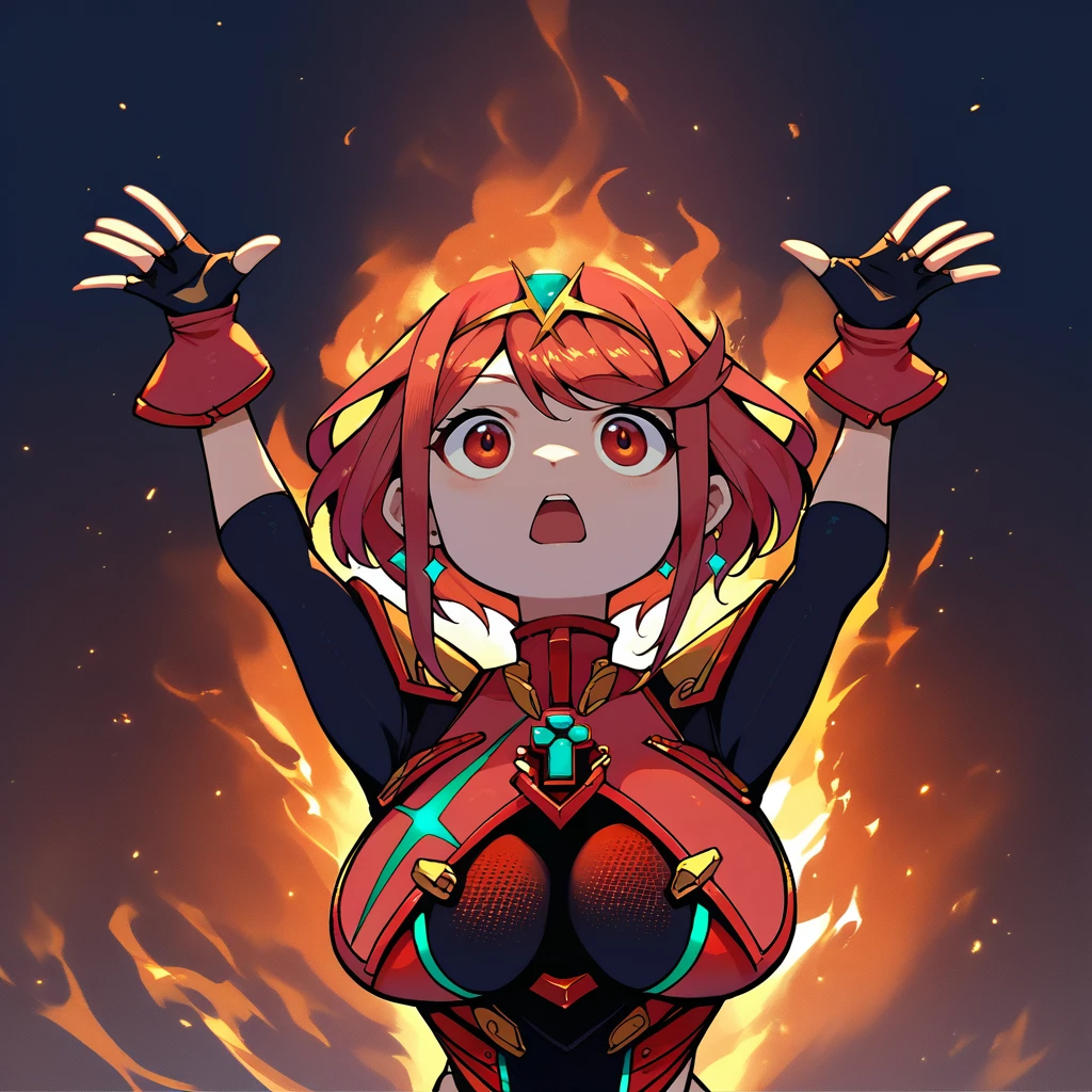 score_9, score_8_up, score_7_up, 1girl, arms up, fire, outstretched arms, upper body, <lora:ElmoRiseMeme_pdxl_Incrs_v1:1>, burning, <lora:pyra-xb-richy-v1_pdxl:0.8> prdef, red eyes, red hair, short hair, tiara, earrings, chest jewel, large breasts, impossible clothes, fingerless gloves, open mouth,