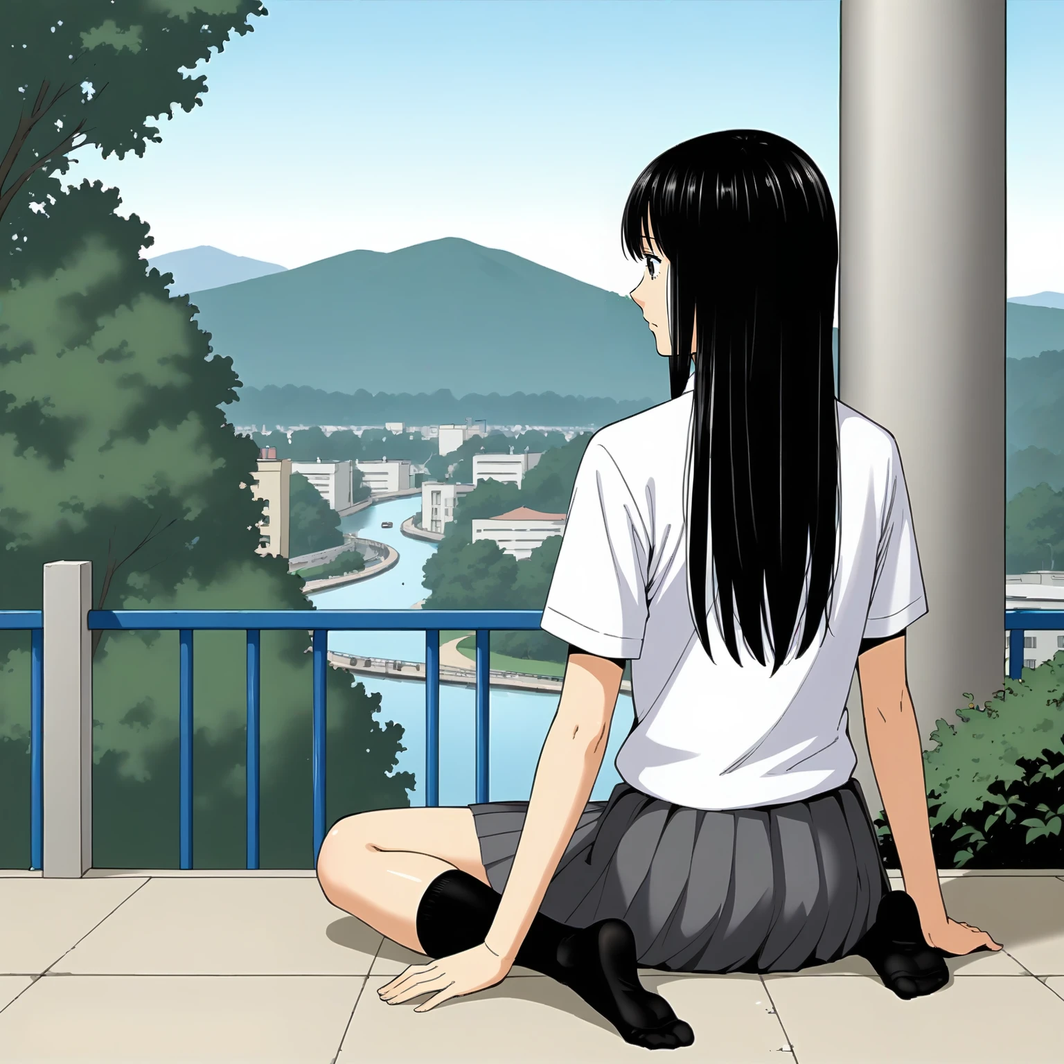 <lora:KZ_RihoIidaXLpony002>,
solo,
RihoIida,1girl,black hair,long hair,black eyes,
dress_shirt,short_sleeves,
pleated_skirt,
black socks,knee length socks,
outdoors,
full body,sitting,looking back,