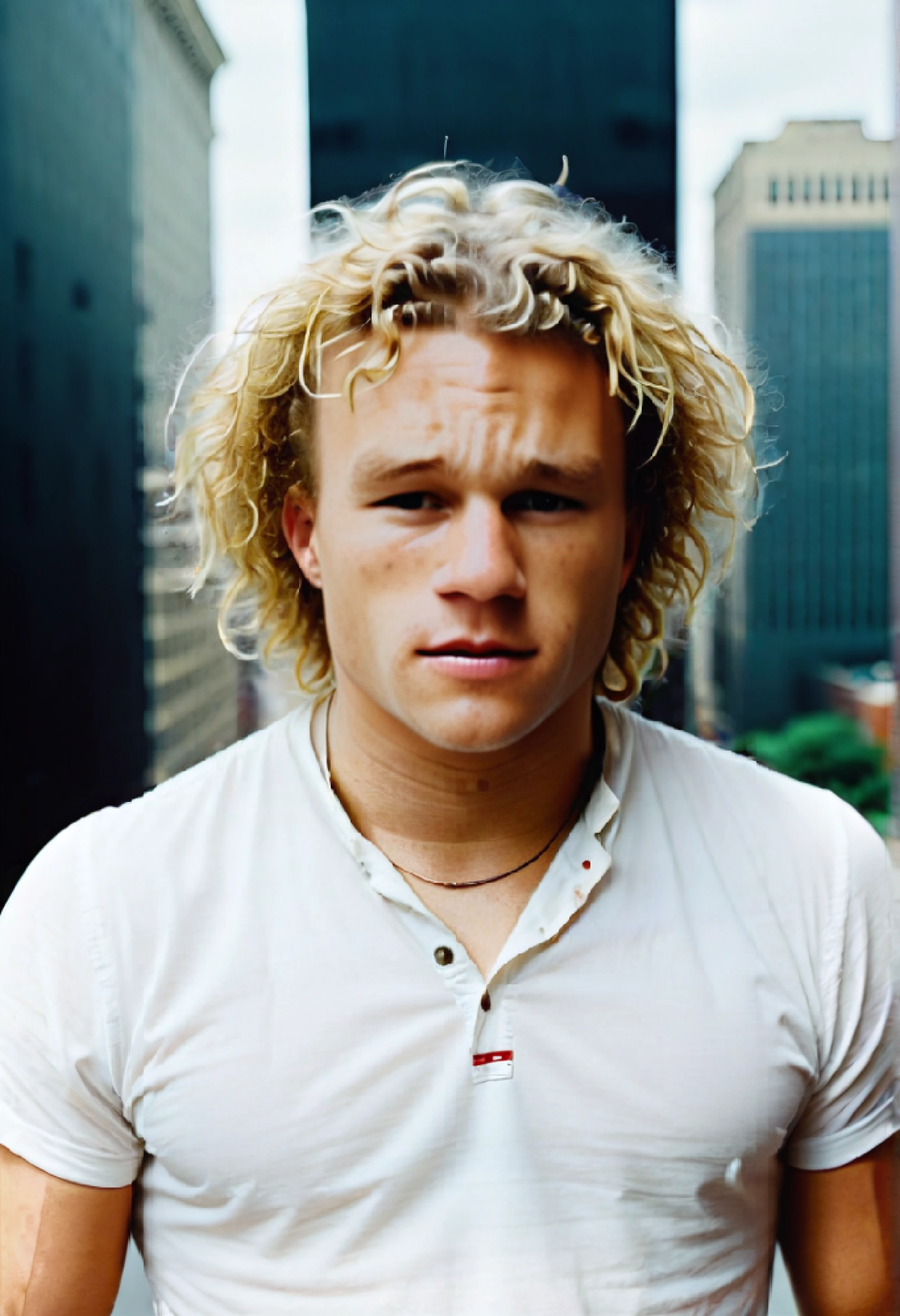 <ckpt:ZavyChroma.safetensors>, <ckpt:Fluently.safetensors>, <lora:HeathLedger.safetensors:1.2>, Photograph of Heath Ledger, h3athl3dg3r, curly blonde hair, brown eyes, brown eyebrows, Philadelphia, city, Raw photo, Canon EOS R3