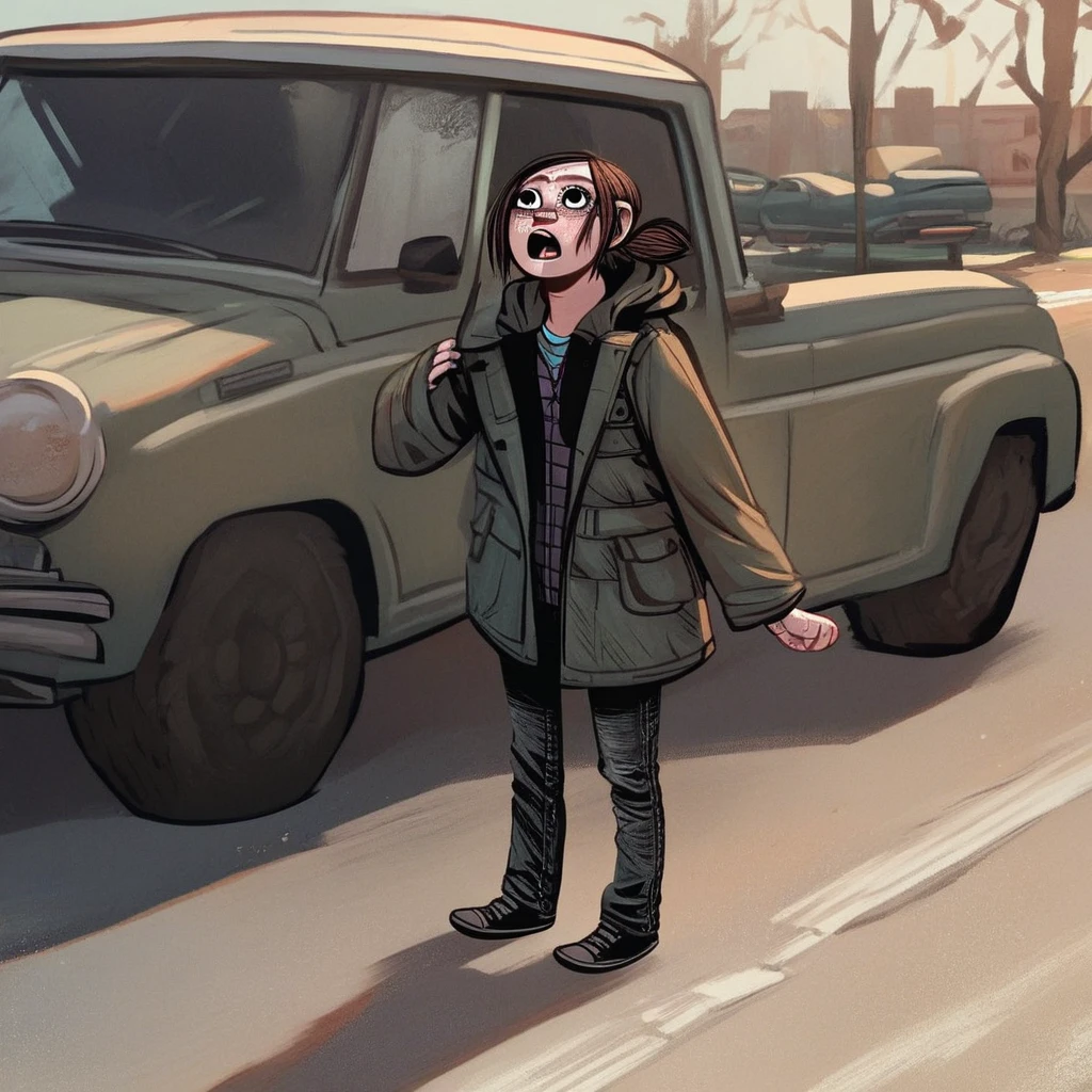 score_9, score_8_up, score_7_up, score_6_up, Ellie-Williams, LTOU, American-Dreams Style,  1girl,  solo, open mouth, brown hair, standing, jacket, full body, shoes, pants, hood, coat, looking up, motor vehicle, freckles, general