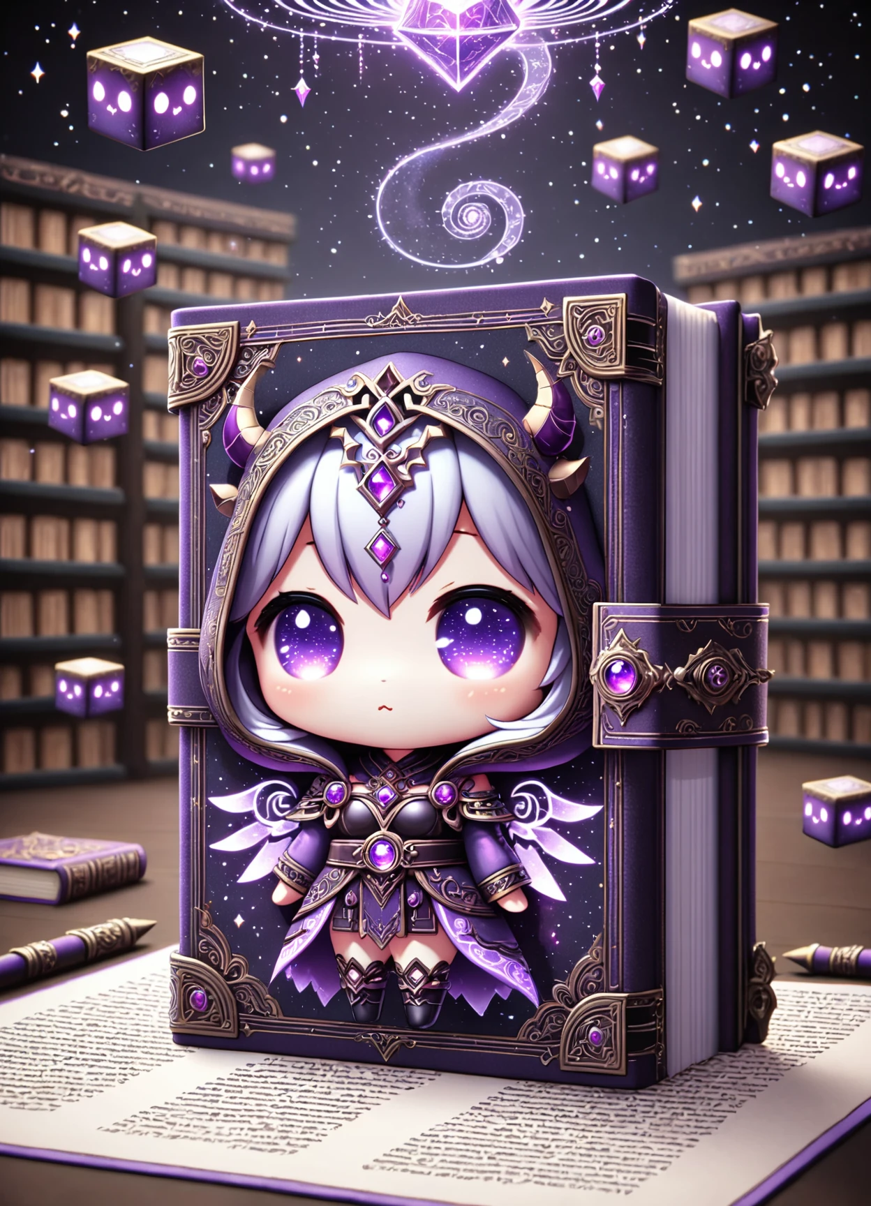 DonMCu73D4rkXL, cute, chibi, cube mystic manuscripts, spiral binding, clothbound, leather, digital library, <lora:DonMCu73D4rkXL:0.8>