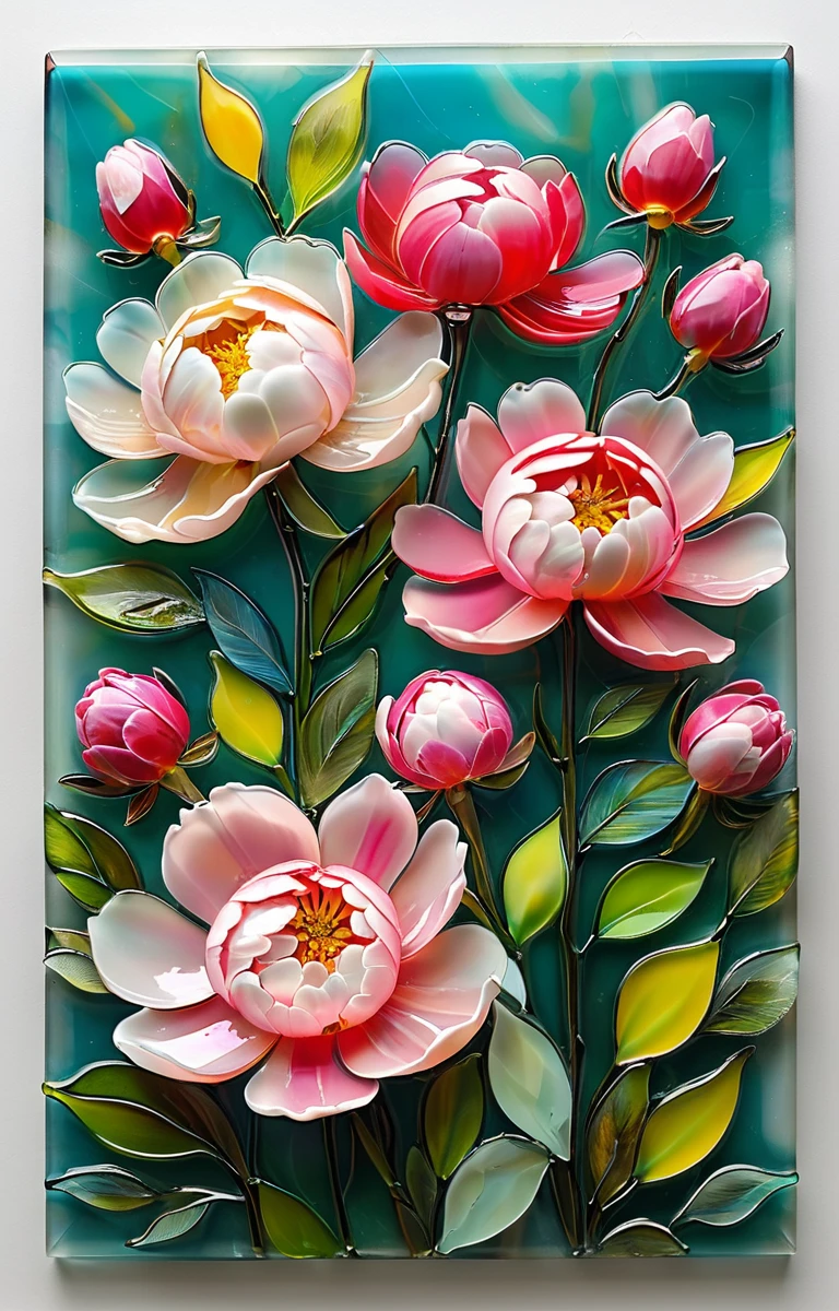 masterpiece,best quality,<lora:tbh372-sdxl:0.6>,illustration,style of Fused glass decaying peonies