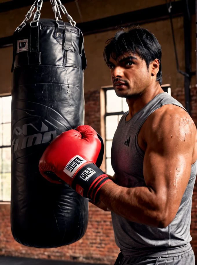 Neeraj Chopra a man <lora:Neeraj-Chopra:1> punching a boxing bag in a grungy gym. Sweating it out, wearing a tight wet vest showing ripped biceps. Side view, high detail, realistic, 8k, depth of field, sharp focus, intricate, smooth, masterpiece, photorealistic, professional photoshoot quality, highly detailed detailed face, realistic skin, ultra-realistic, uhd, full body in frame, <lora:add-detail-xl:1>