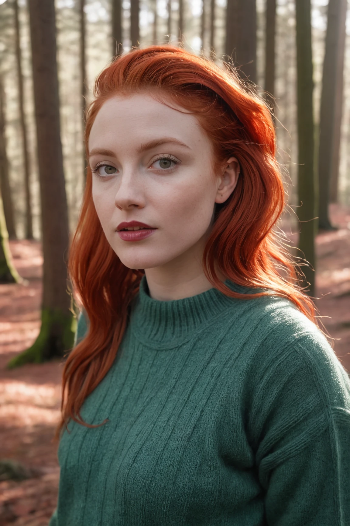 RAW photo of Neassa Móirín with sweater,   (red hair:0.8),   forest, Photorealistic