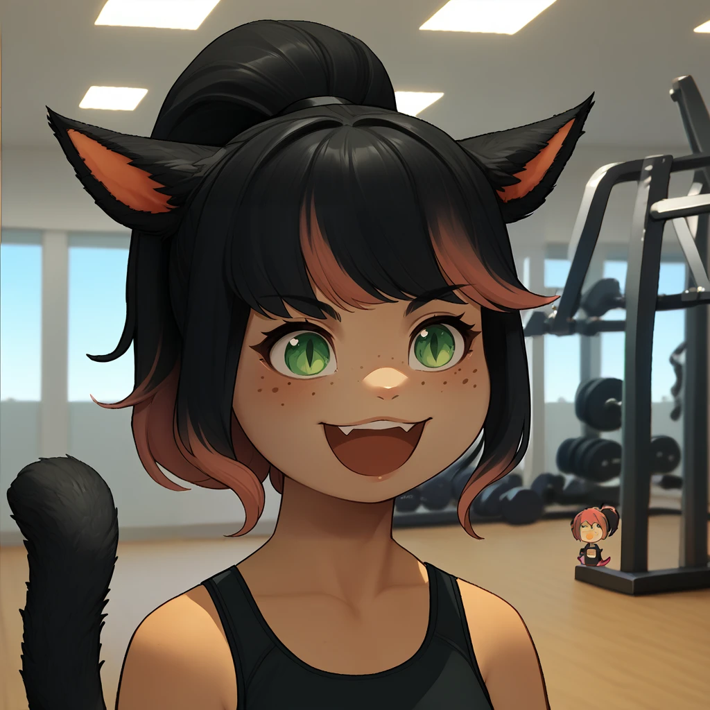 score_9, score_8_up, score_7_up, open mouth, smile, chibi, :d, :3, <lora:GyateGyate_pdxl_Incrs_v1:1>, <lora:clamXIVMC_locon:1>, xivmc, cat girl, animal ears, black hair, two-tone hair, ponytail, green eyes, slit pupils, freckles, tail, gym,