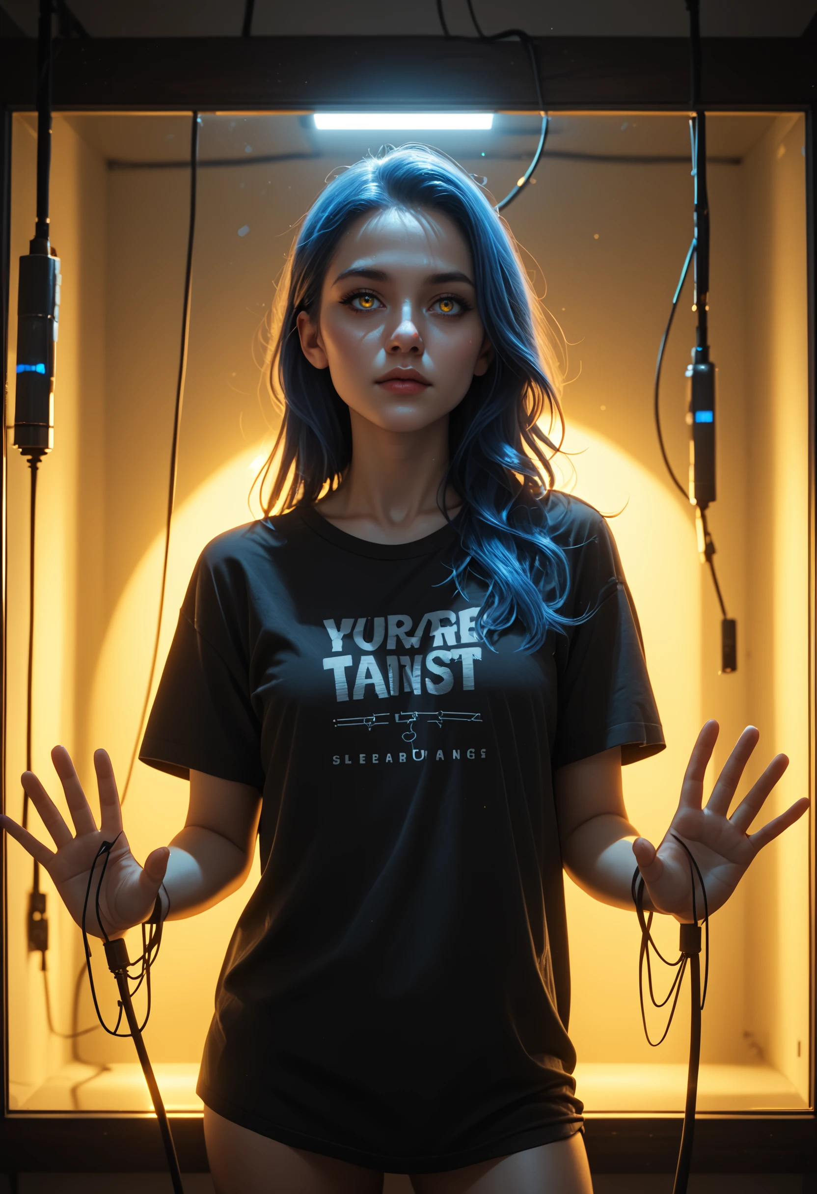 solo, long hair, looking at viewer, blue hair, 1girl, yellow eyes, black shirt, electric wires, against glass, cinematic angle, indoors, solo focus YR_GradLight BREAK PonyXLV6_Scores
