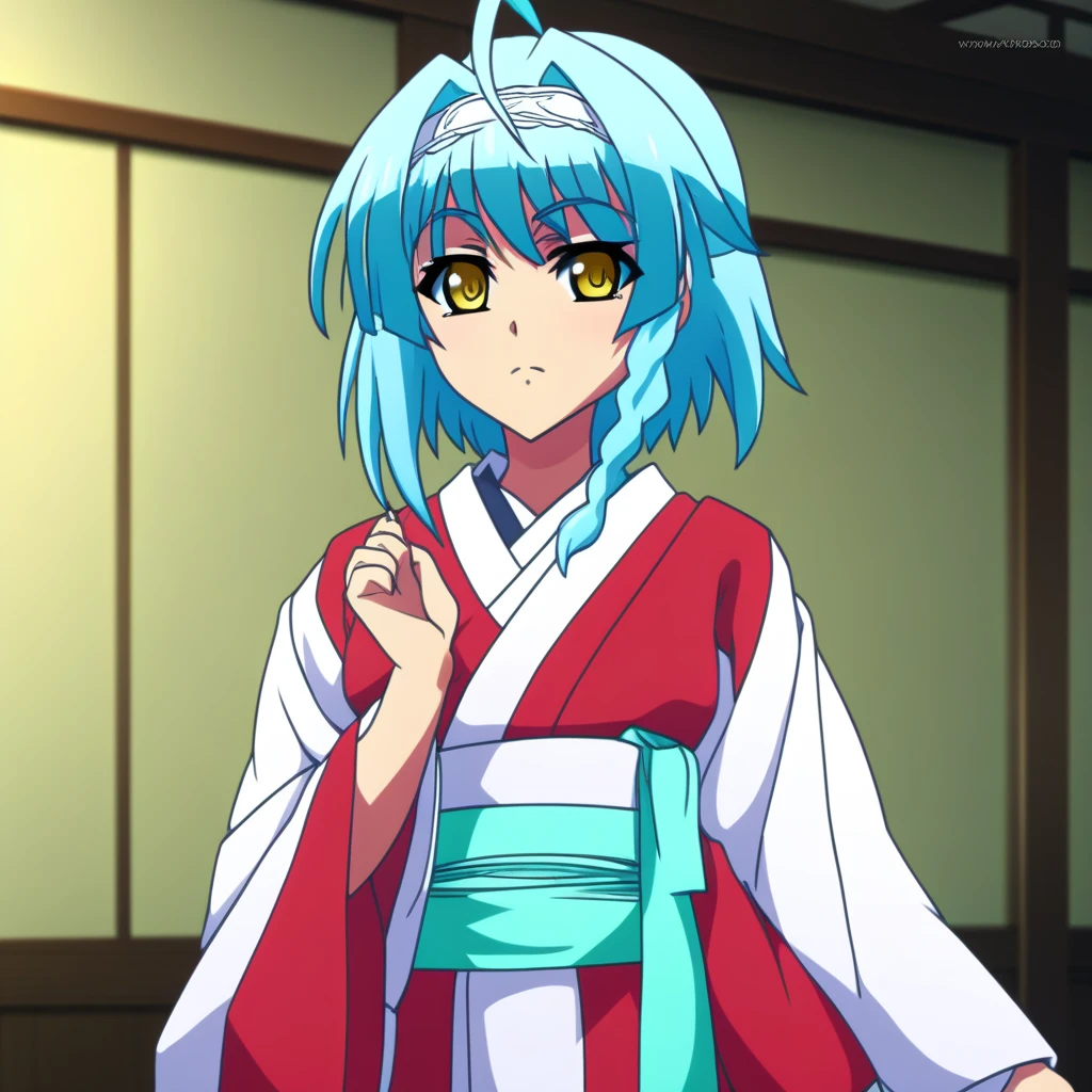 score_9, score_8_up, score_7_up, source_anime,  NonakaYuki, 1girl, solo, closed mouth, light smile, blush, aqua hair, yellow eyes, side braid, YukiWedding, japanese clothes, (hood:1.2), white kimono, red sash, standing, looking at the viewer,  indoors