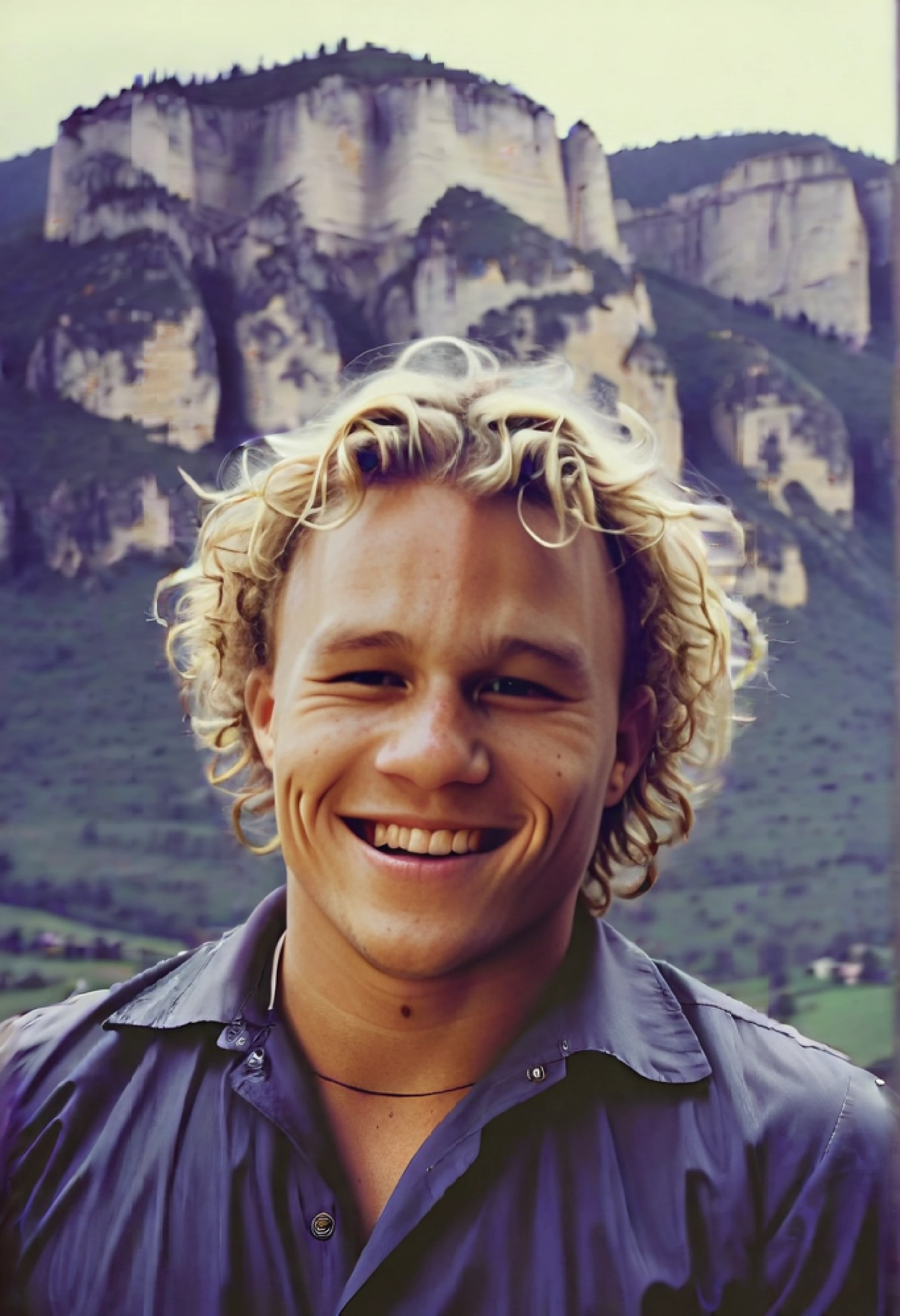 <ckpt:ZavyChroma.safetensors>, <ckpt:Fluently.safetensors>, <lora:HeathLedger.safetensors:1.2>, Photograph of Heath Ledger, h3athl3dg3r, curly blonde hair, brown eyes, half body, smiling, white teeth, mountainous, Raw photo, Canon EOS R3