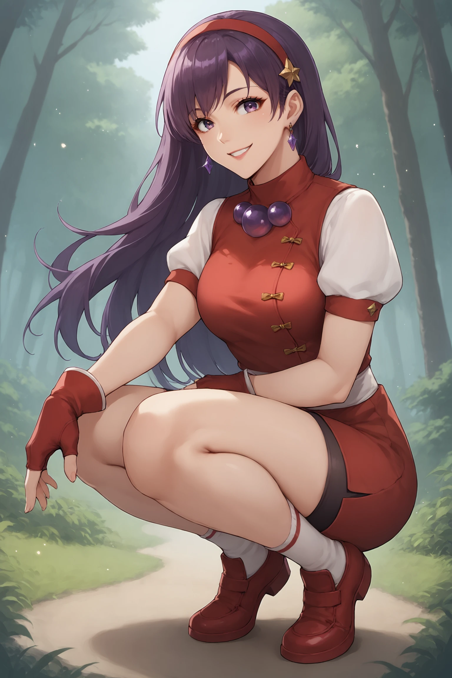 score_9, score_8_up, score_7_up, score_6_up, score_5_up, source_anime, rating_safe, smile, medium breasts, outdoors, forest, 1girl, solo, looking at viewer, <lora:age_slider_v4:3>, asamiya athena, purple eyes, purple hair, long hair, red hairband, purple waterdrop earrings, red vest, red skirt, bike shorts, gloves, red gloves, fingerless gloves, white socks, red shoes, <lora:Asamiya_Athena_KOF'98:0.8>, (full body:1.1), squatting, dynamic pose