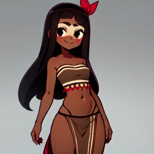 (masterpiece, top quality, best quality), pixel art, brown skinned anime Cleopatra wearing a bikini top, (long black hair), (hands on stomach), pussy, ass, presenting ass, medium breasts, smile,