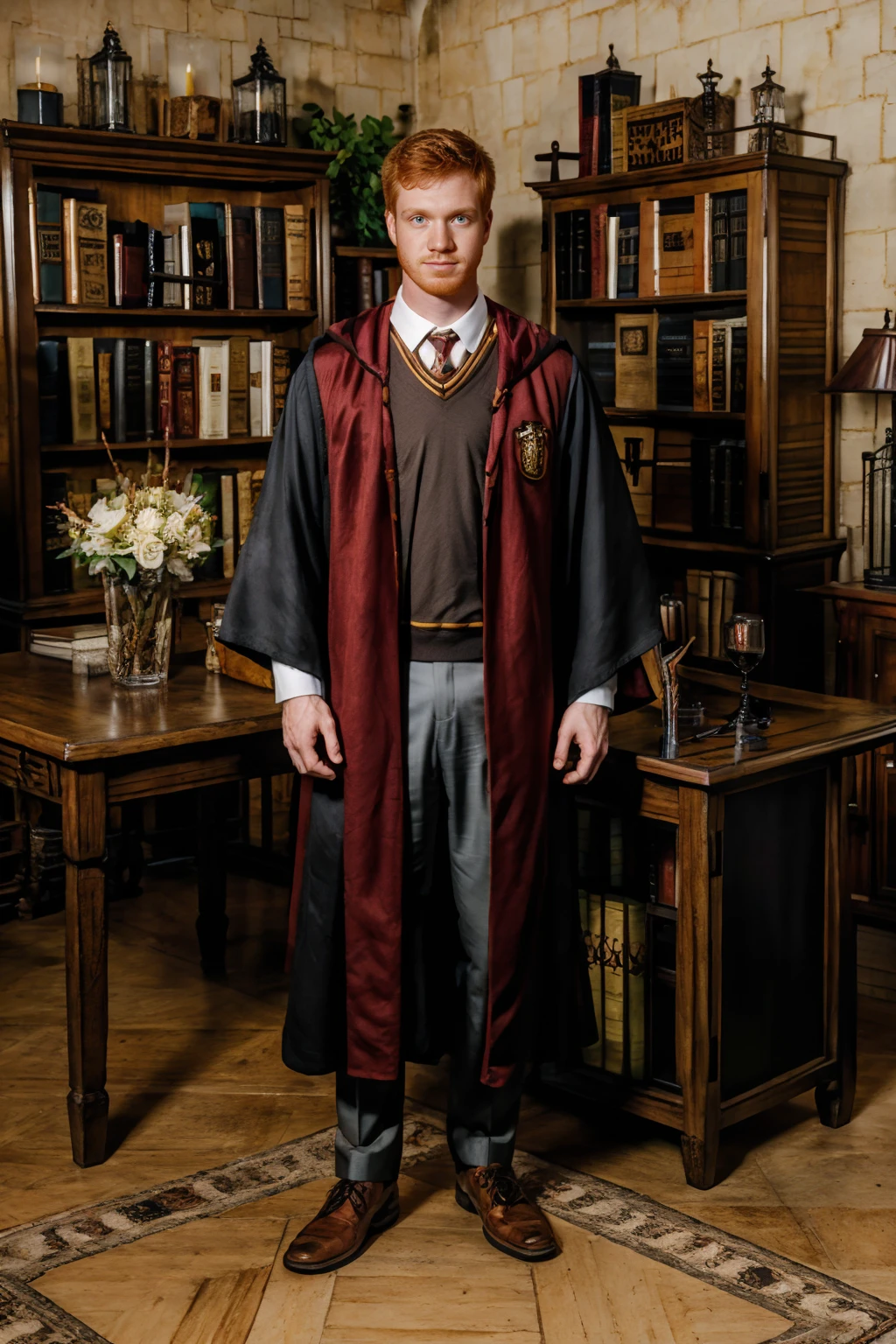 Hogwarts library, tall bookcases of books in the background, standing beside a table, ginger hair, DacotahRed wearing hogwarts_school_uniform, HP robe, outfit, (((full body portrait))), wide angle <lora:DacotahRed:0.85> <lora:HP:0.75>