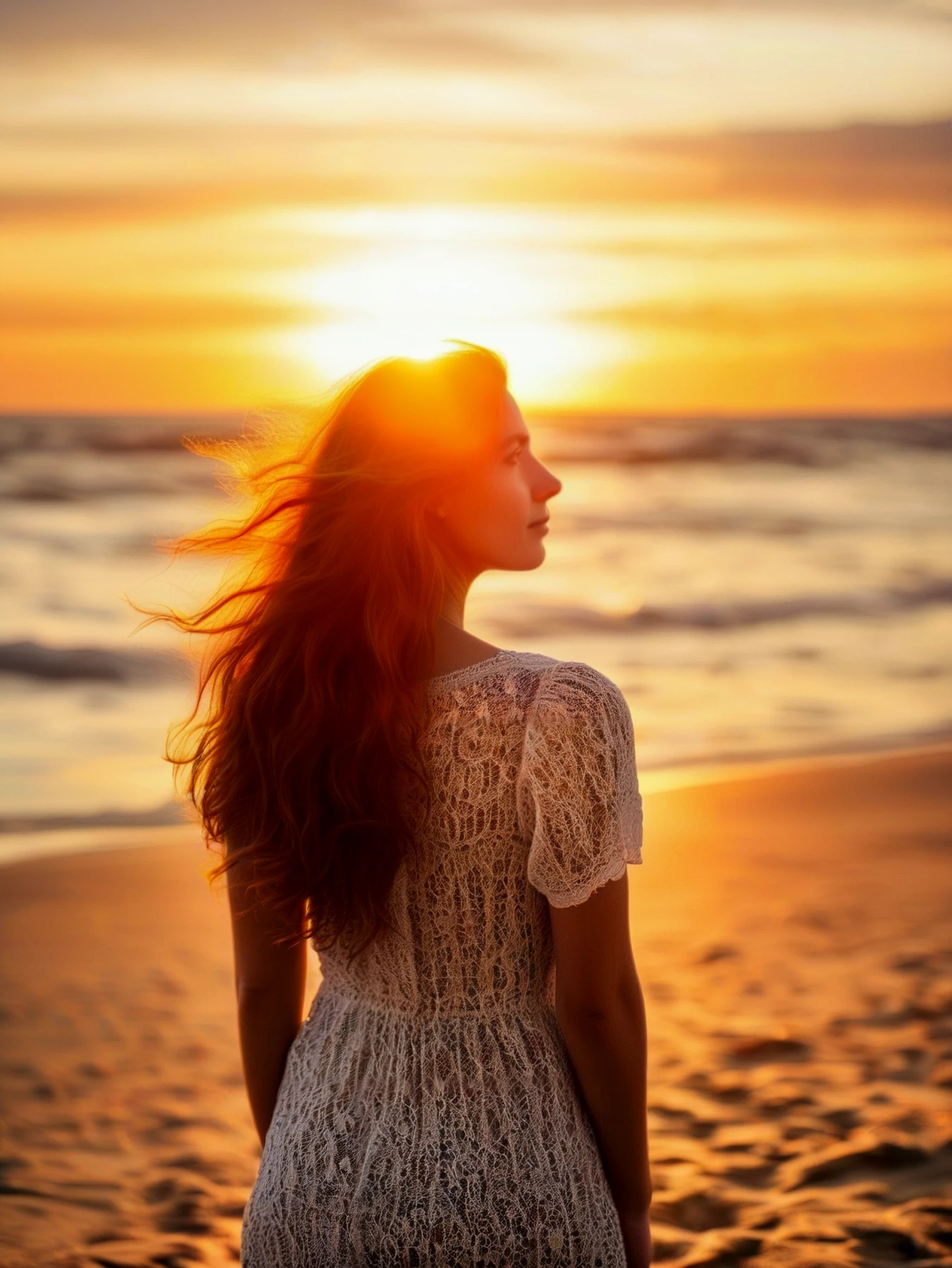 A beautiful young woman on a beach, looking at the sunset.

<lora:TitianRed01_CE_SDXL:1> tnrdCE