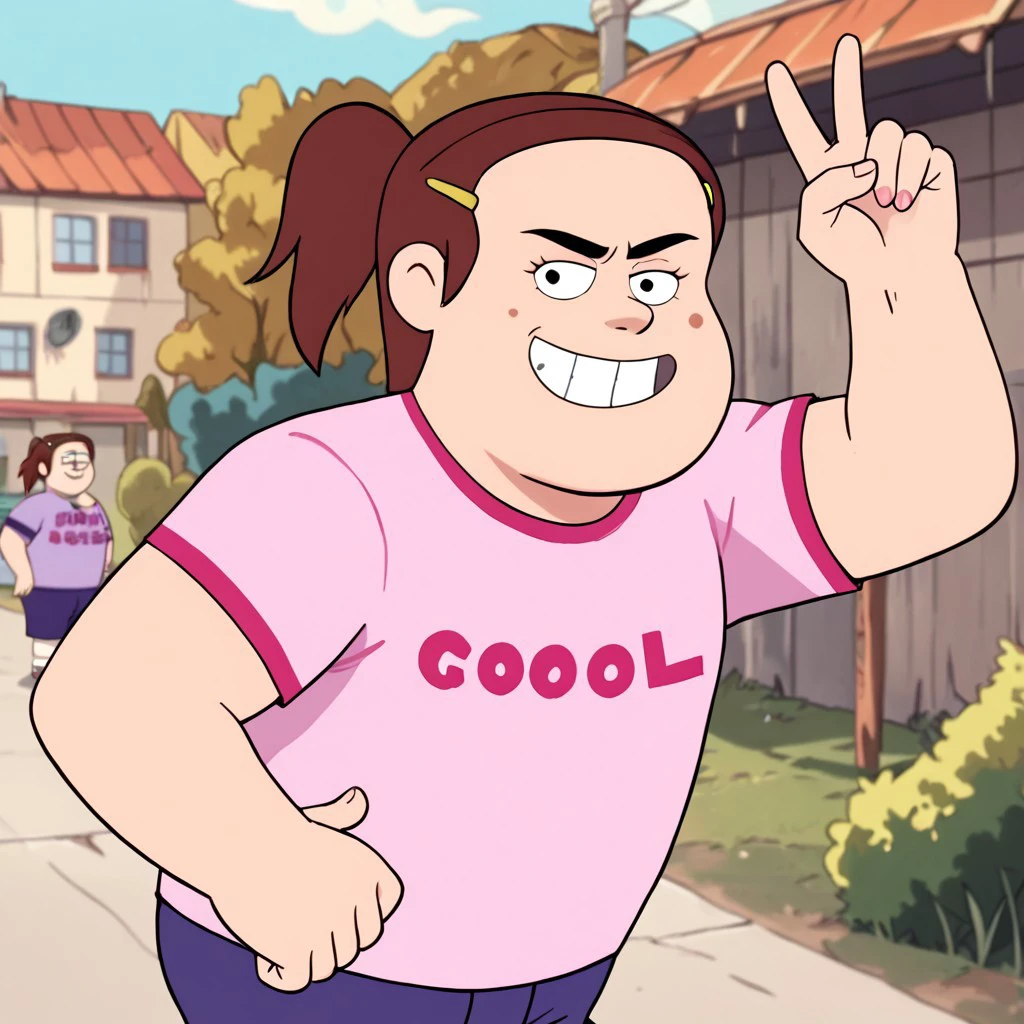 score_9, score_8_up, score_7_up, BREAK, grenda, brown hair, ponytail, hairclip, outdoors, smirk, v