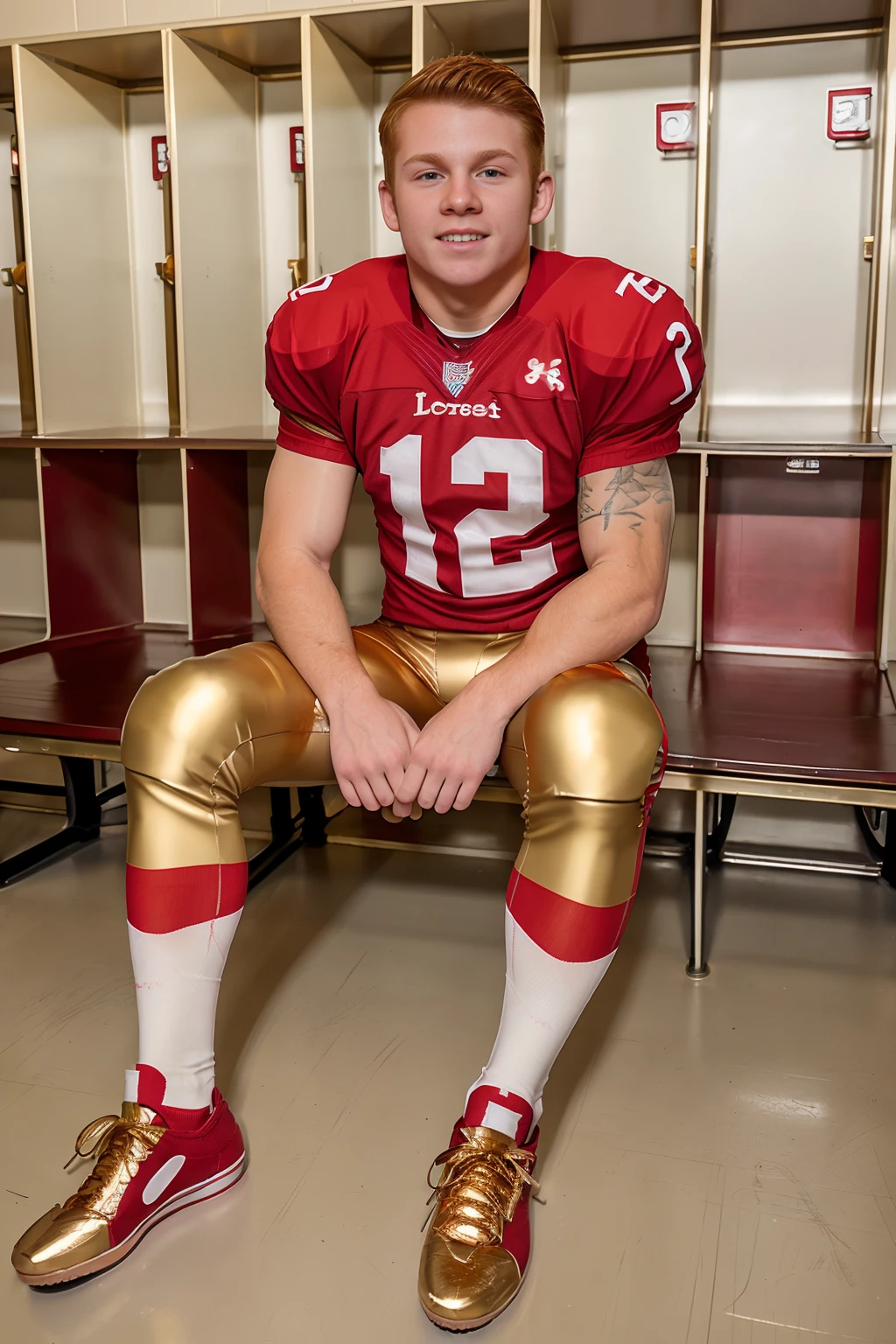 locker room, sitting on a bench, in front of lockers, slightly smiling, SCAdam  is an (American football player), wearing (football uniform:1.3), (red jersey:1.3), red (shoulder pads), jersey number 11, (pale gold football pants:1.4), (red socks:1.3), long socks, (sneakers:1.3), (((full body portrait))), wide angle  <lora:SCAdam:0.8>