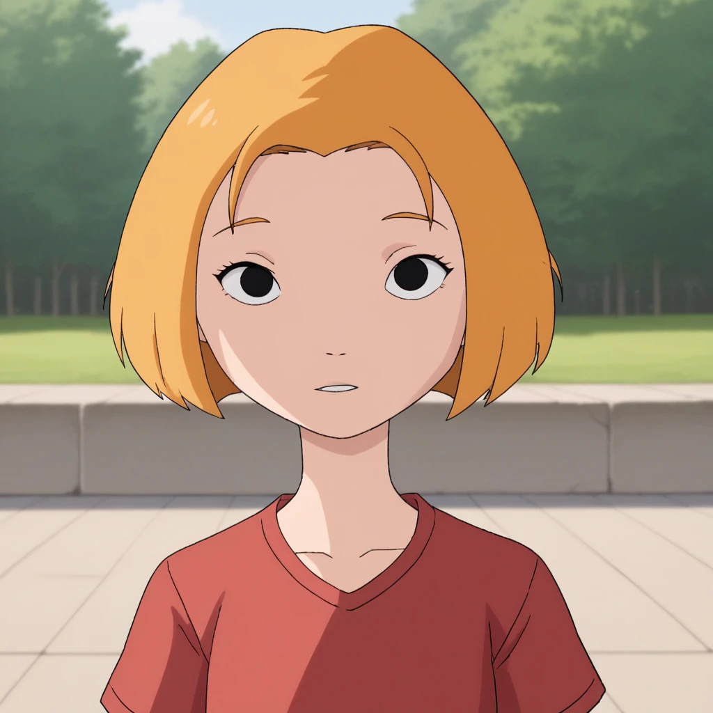 score_7_up, BREAK, lormcquarrie, 1girl, solo, blonde hair, short hair, black eyes, red shirt, short sleeves, upper body, outdoors,    <lora:LorMcQuarrie_PXL_Leaf1:1>, looking at viewer, front view,