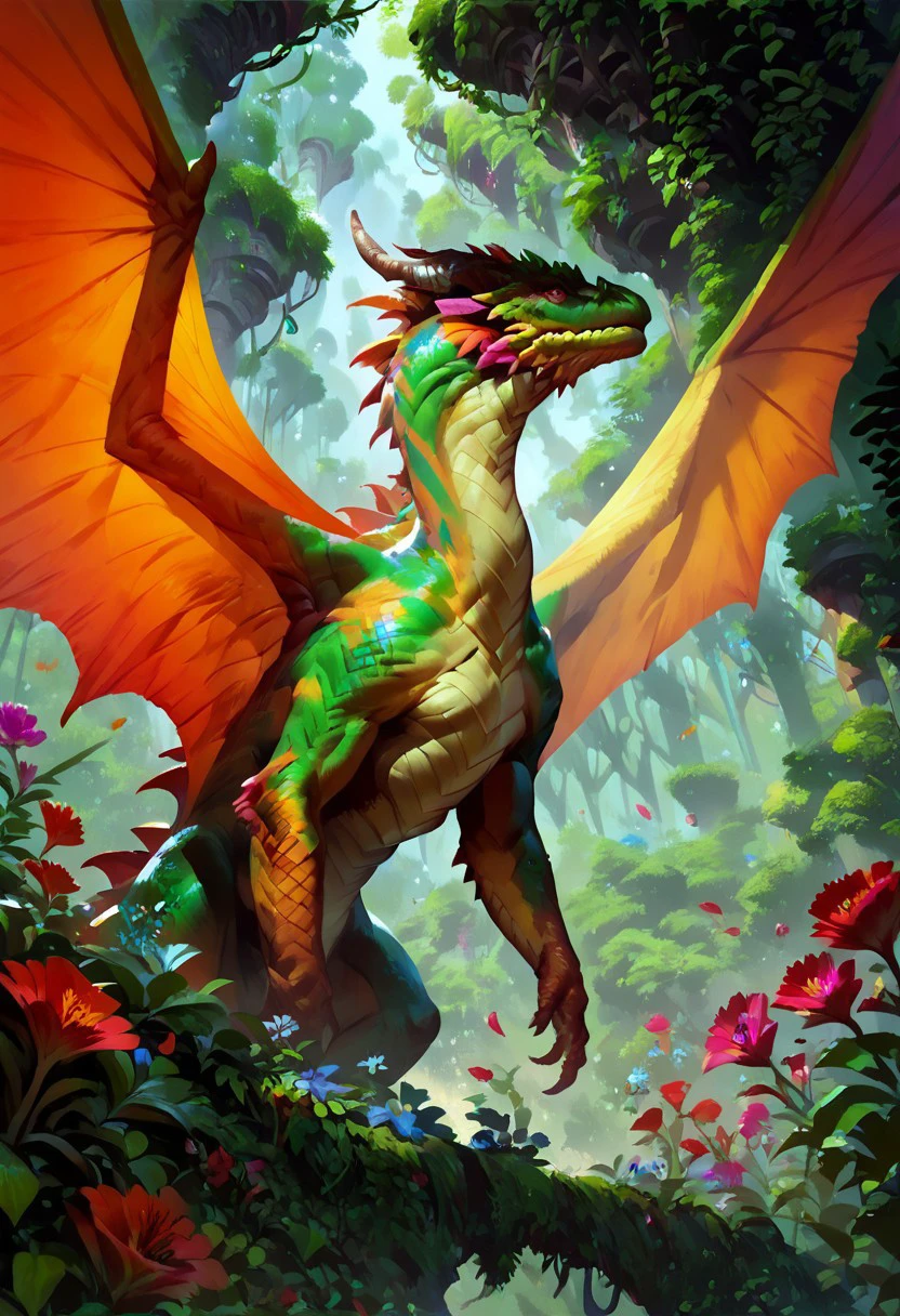 score_9, score_8_up, 8, score_7_up, score_6_up, solo,  lizard head, Unfazed dragon, yellow dragon, wings, rushing in the lush green forest, dutch angle, flowers, colorful