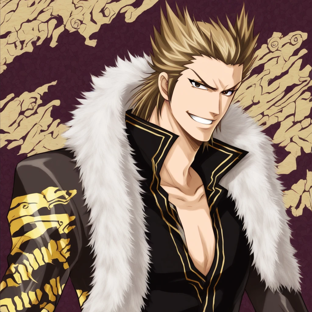 Shi-Long Lang, Rou Shiryu, Ace Attorney, blond hair, brown eyes, black shirt, long sleeves, patterned sleeves, popped collar, feather boa, white boa, confident, smile, grin