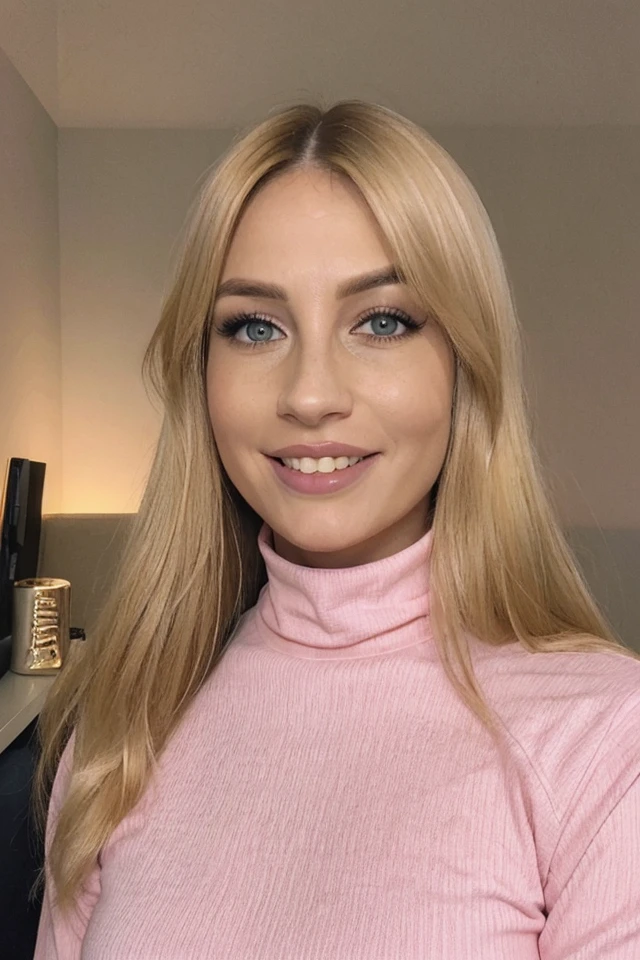 Portrait photo of ch4turb4b3 woman, blonde, light pink turtleneck blouse, in a bedroom, smile