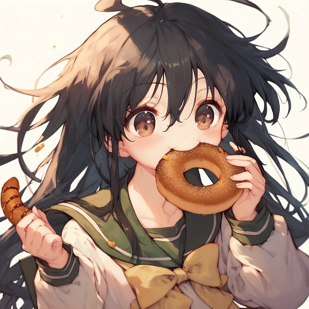 score_9, score_8_up, score_7_up, score_6_up, Shana, 1girl,  solo, long hair, blush, black hair, bow, brown eyes, school uniform, ahoge, food, serafuku, eating, mouth hold, yellow bow, food in mouth, bread, doughnut, cookie, shana, sensitive