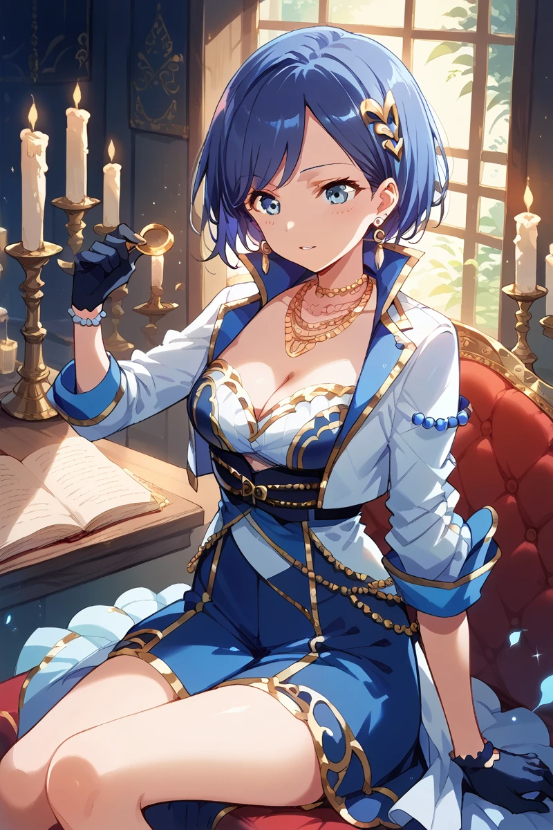 score_9, score_8_up, score_7_up, score_6_up, 1girl,
 <lora:Koharu_Yanagi:0.9> koharu, blue eyes, jewelry, earrings, short hair, blue hair, necklace, gloves, solo, sitting, cleavage, hair ornament, candle, breasts, ophi