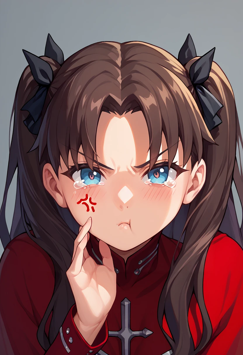 score_9, score_8_up, score_7_up, whispering, hand up, <lora:WhisperingPOV_pdxl_Incrs_v1:1>, 1girl, tohsaka rin, angry, anger vein, <lora:Pout_XLPD:1>, pout, :t, closed mouth, looking at viewer, tearing up,
