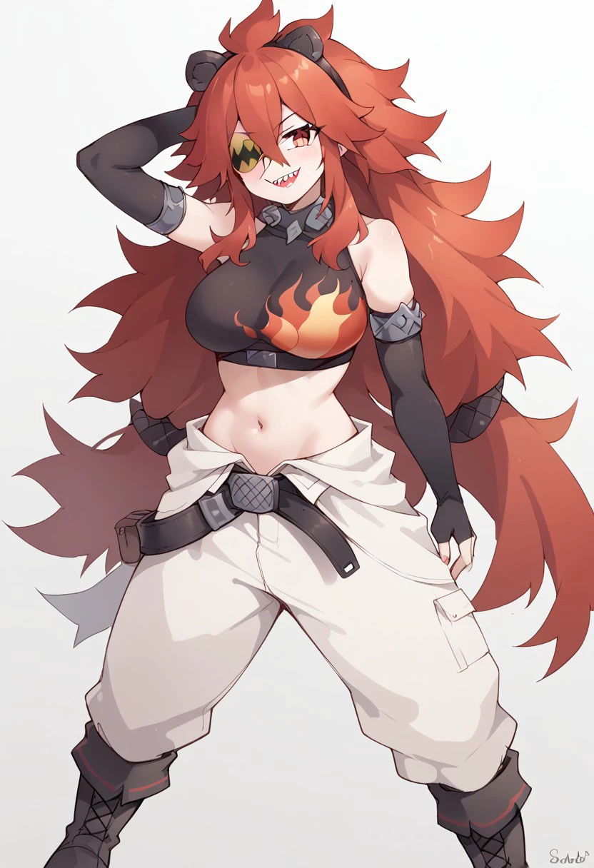 score_9, score_8_up, score_7_up, source_cartoon, 1girl, koleda belobog, large breasts, (long hair, red hair, hair between eyes:1.2), (flame sports bra, navel, belt, jumpsuit tied at the waist, black fingerless arm sleeves, boots, eye patch, sharp teeth, evil smile