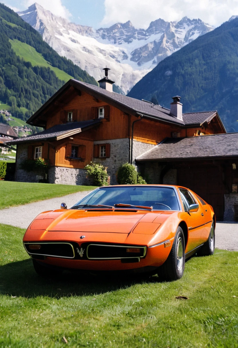 ClassicSportsCar, gleaming orange Maserati Bora, side front view, lawn, Swiss Alps mountain village in background, sunny spring afternoon, 4K, highly detailed, (stylish grainy analog 35mm film photo)