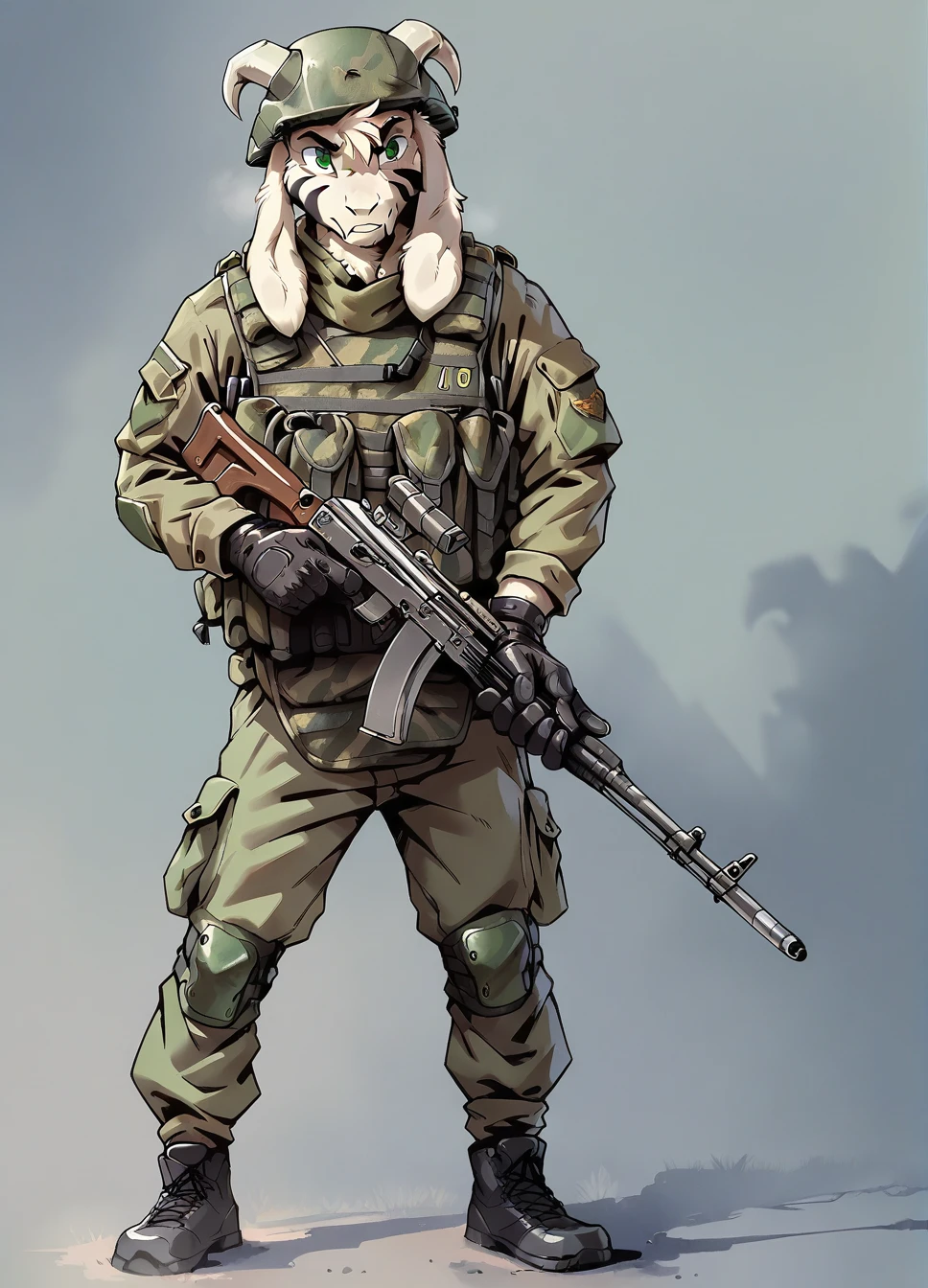 score_9, score_8_up, score_7_up, score_6_up,score_5_up,  Asriel, solo, full body, RussianSoldier, green eyes, gloves, holding, weapon, black gloves, holding weapon, gun, helmet, holding gun, rifle, assault rifle, trigger discipline, camouflage, kalashnikov rifle, holding ak-74,  <lora:RussianSoldierV2-000005:1>