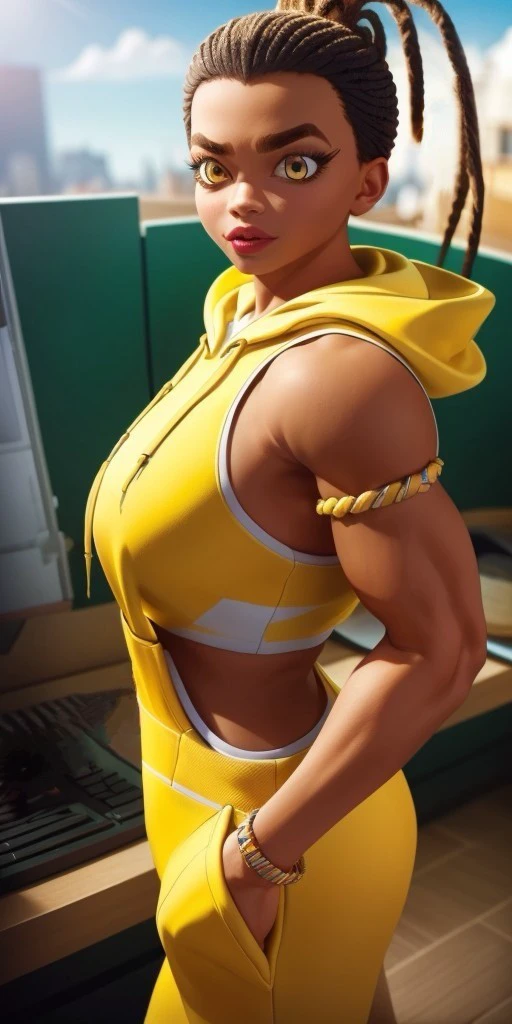 Hyperrealistic, photorealistic, super detailed, (((yellow hoodie))), yellow pants, orangeish black hair, hair is in dreadlocks in a high ponytail style, vivid amber eyes, left eyebrow has what appears to be a slit going through it, beauty mark underneath her right eye, body like in real life, large pores, muscular, brown-skinned, beautiful arms, fingernails are painted with black nail polish, medium breasts, unreal engine, octane render, droped shadow, bokeh, cinematic lighting, <lora:add_detail:0.5>, <lora:Volumetric_lighting:0.6>, , <lora:cc882da8-fed4-404f-a239-f3a7e96e7b73:0.7>