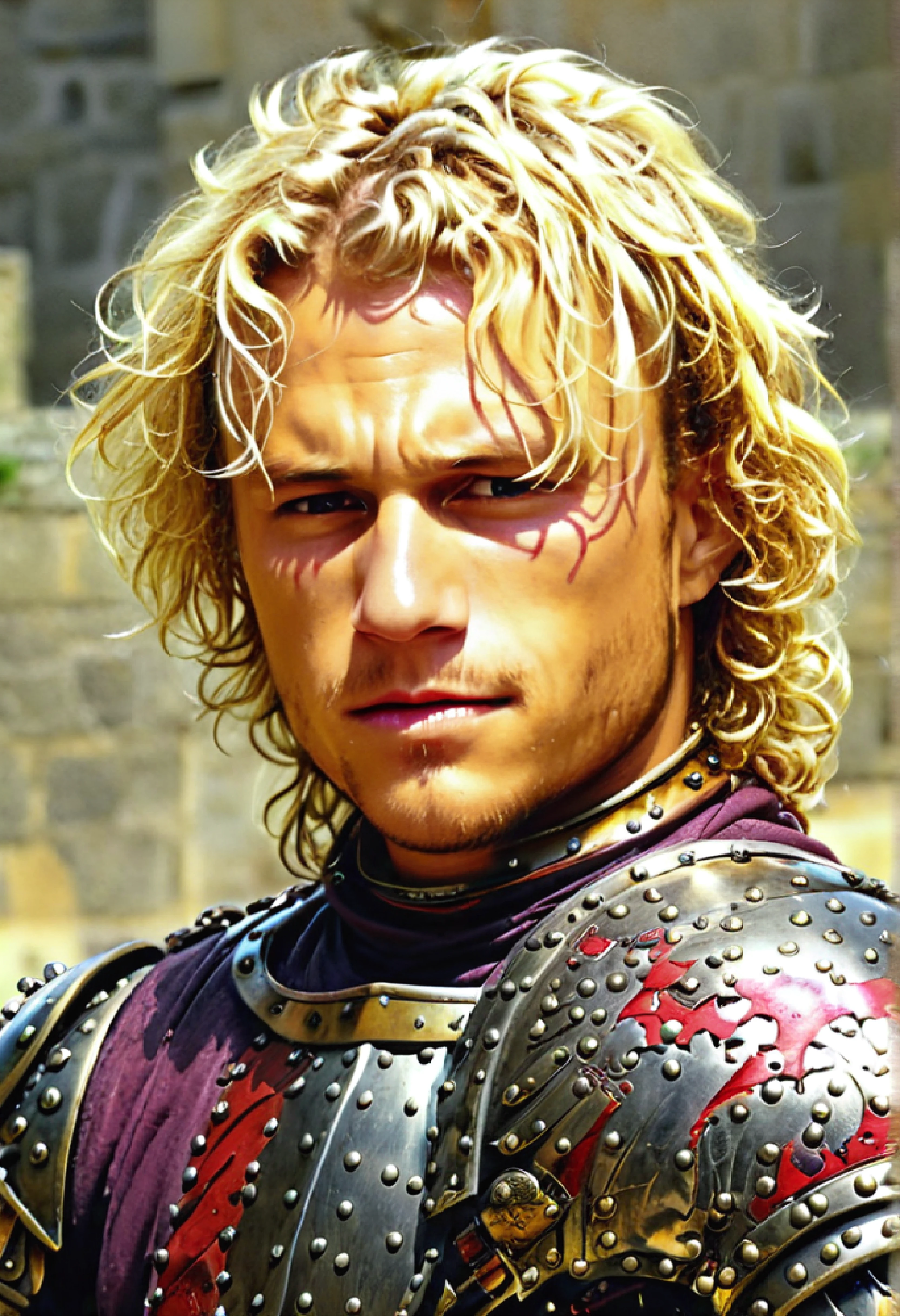 <ckpt:ZavyChroma.safetensors>, <ckpt:Fluently.safetensors>, <lora:HeathLedger.safetensors:1.2>, Photograph of Heath Ledger, h3athl3dg3r, curly blonde hair, looking at viewer, armor, knight, upper body, medieval, castle wall, Raw photo, Canon EOS R3